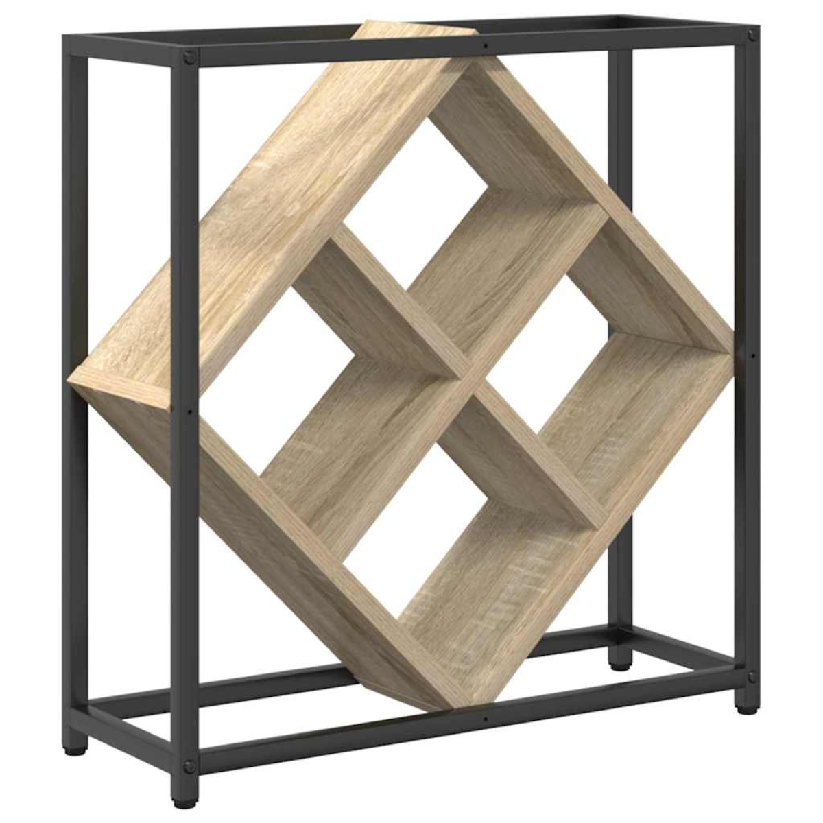 VidaXL Wine Rack 51x18x52.5 cm Black Engineered Wood At Home with a black frame and crisscross wooden compartments.