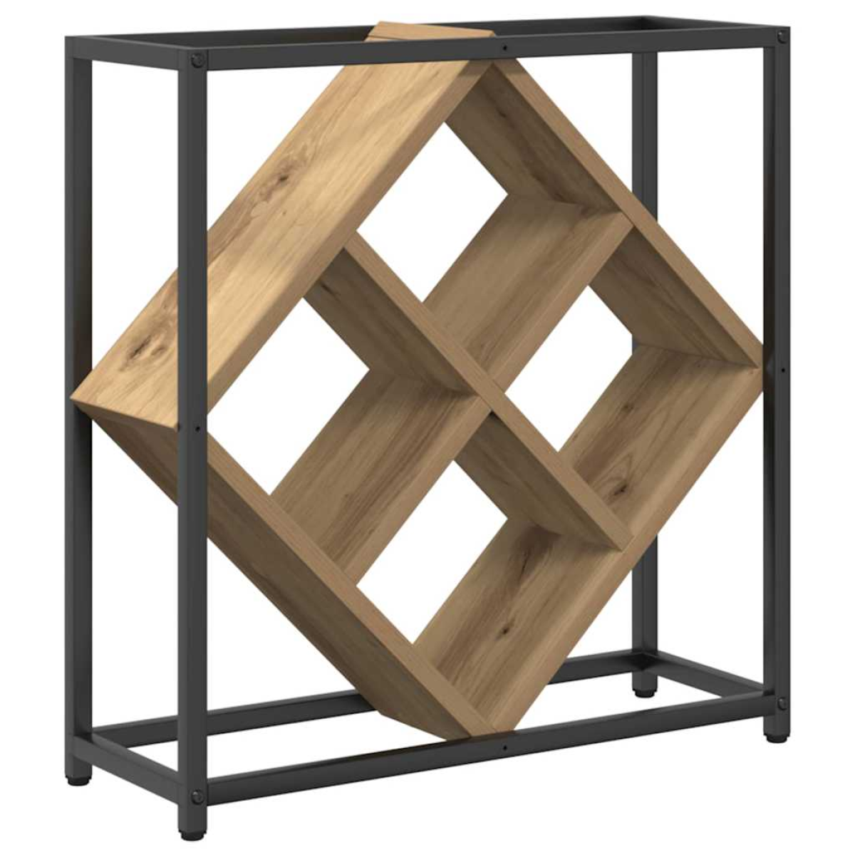 VidaXL Wine Rack 51x18x52.5 cm Black Engineered Wood At Home with a black metal frame and crisscross wooden shelves.