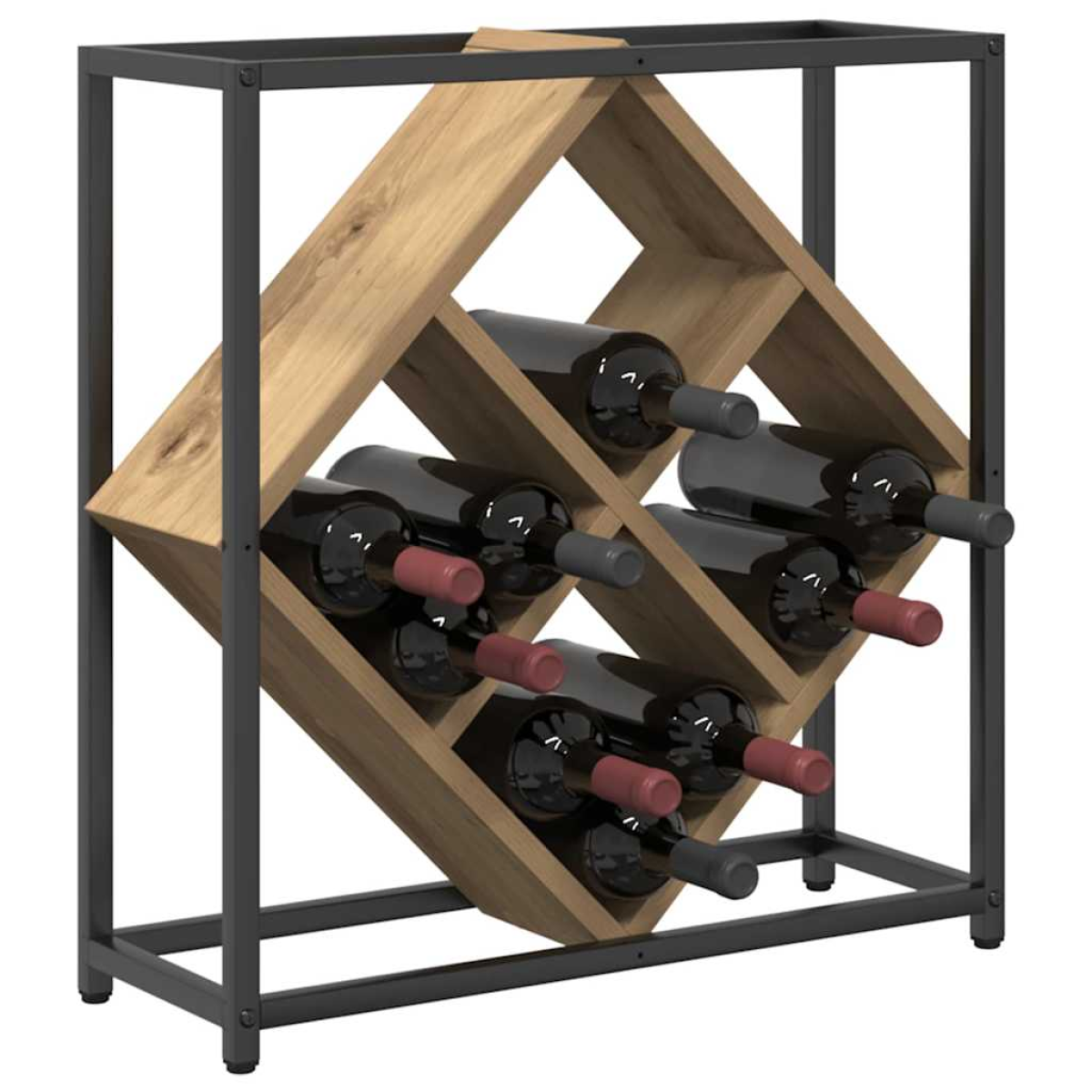 VidaXL Wine Rack 51x18x52.5 cm Black Engineered Wood At Home—compact black frame with crisscross wooden bottle storage.