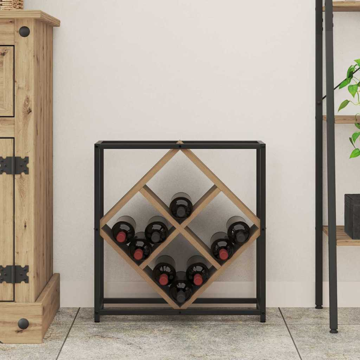 VidaXL Wine Rack 51x18x52.5 cm Black Engineered Wood At Home: black frame with diamond wood bottle compartments