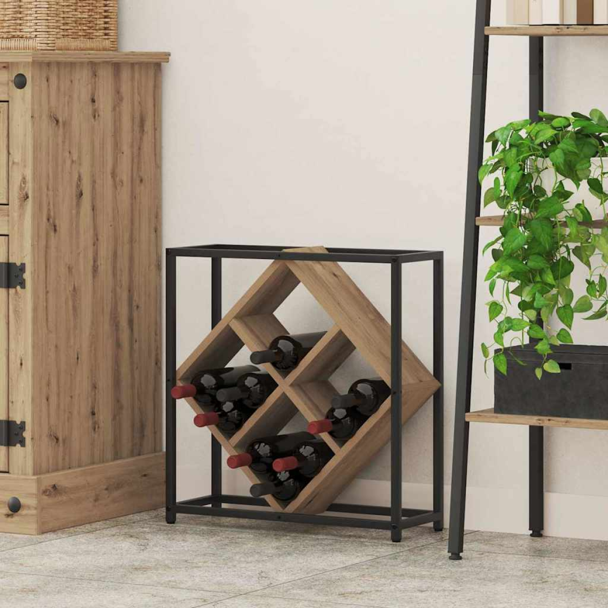 VidaXL Wine Rack 51x18x52.5 cm Black Engineered Wood At Home, black metal-framed rack with diamond compartments.