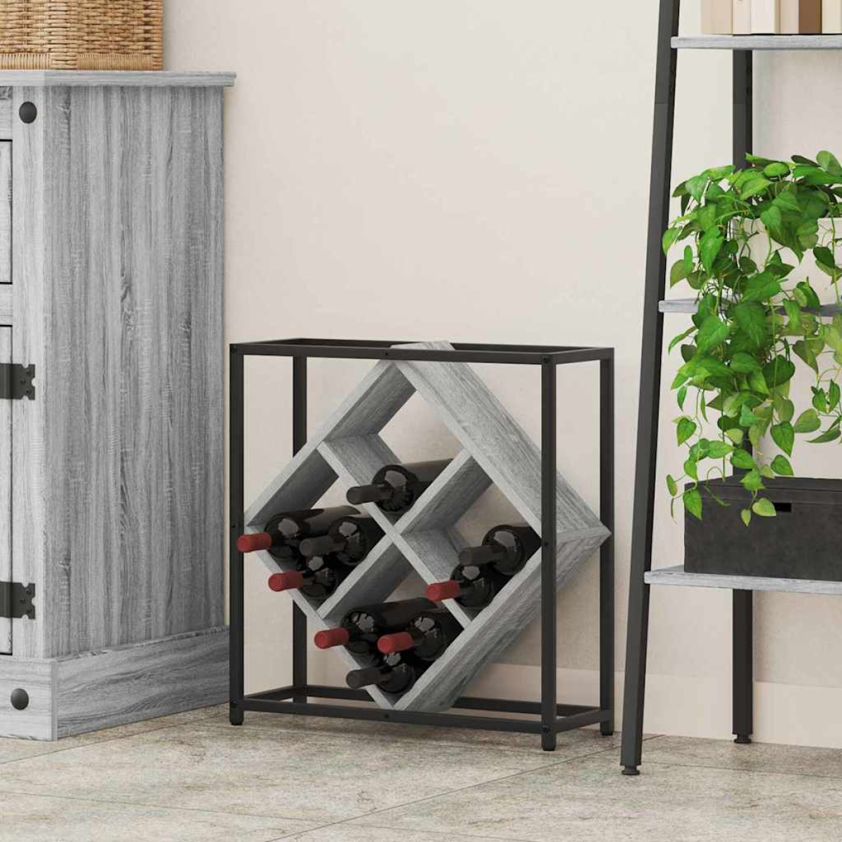 VidaXL Wine Rack 51x18x52.5 cm Black Engineered Wood At Home with criss-cross bottle compartments.