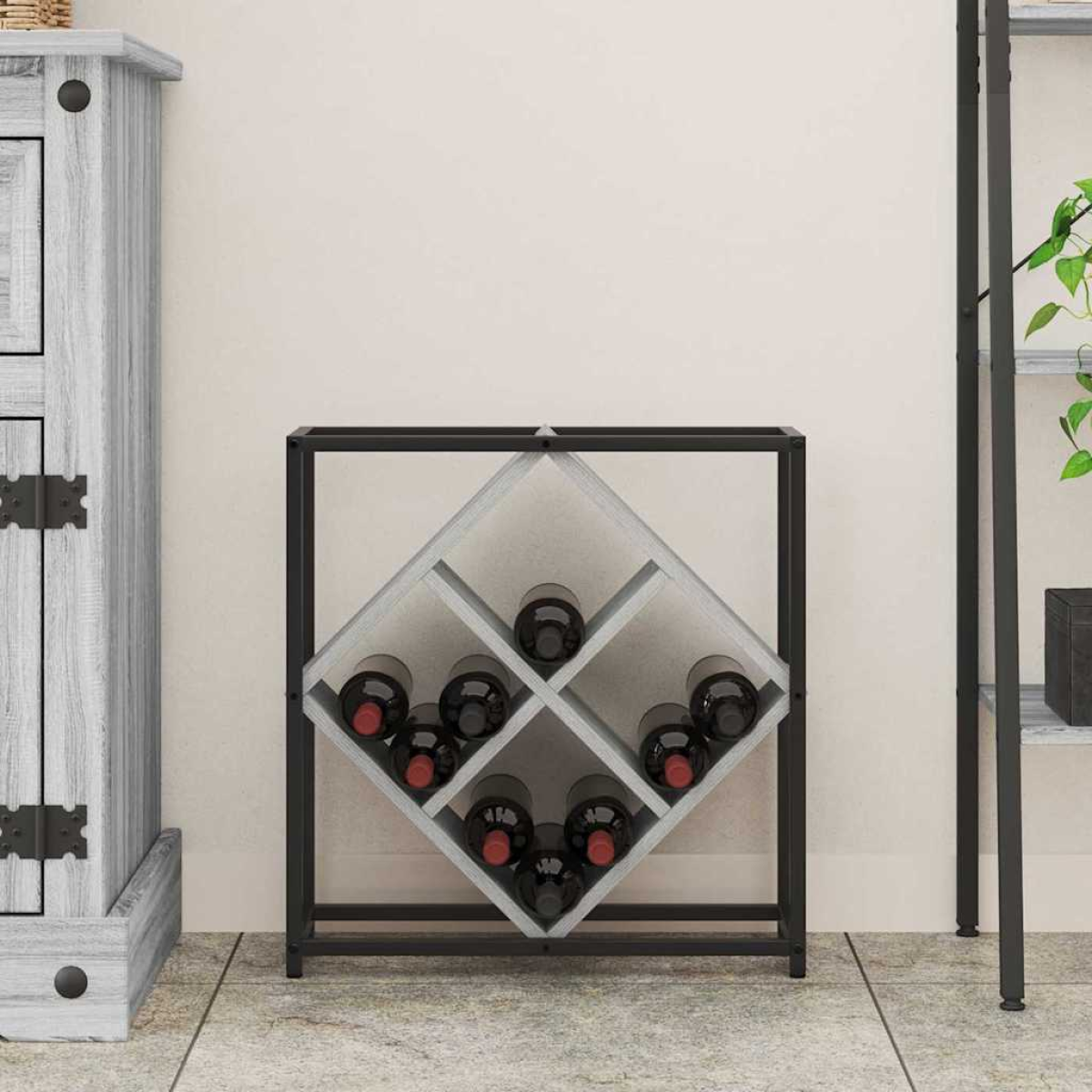 VidaXL Wine Rack 51x18x52.5 cm Black Engineered Wood At Home showcasing crisscross bottle compartments.