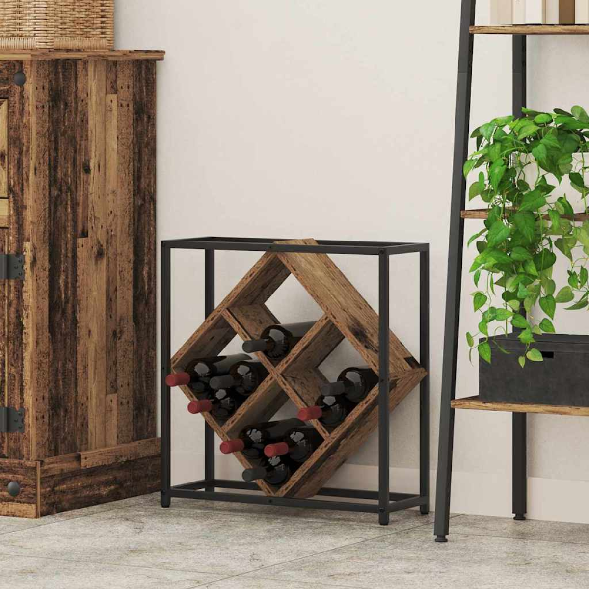 VidaXL Wine Rack 51x18x52.5 cm Black Engineered Wood At Home with a black frame and diamond cross bottle rack.