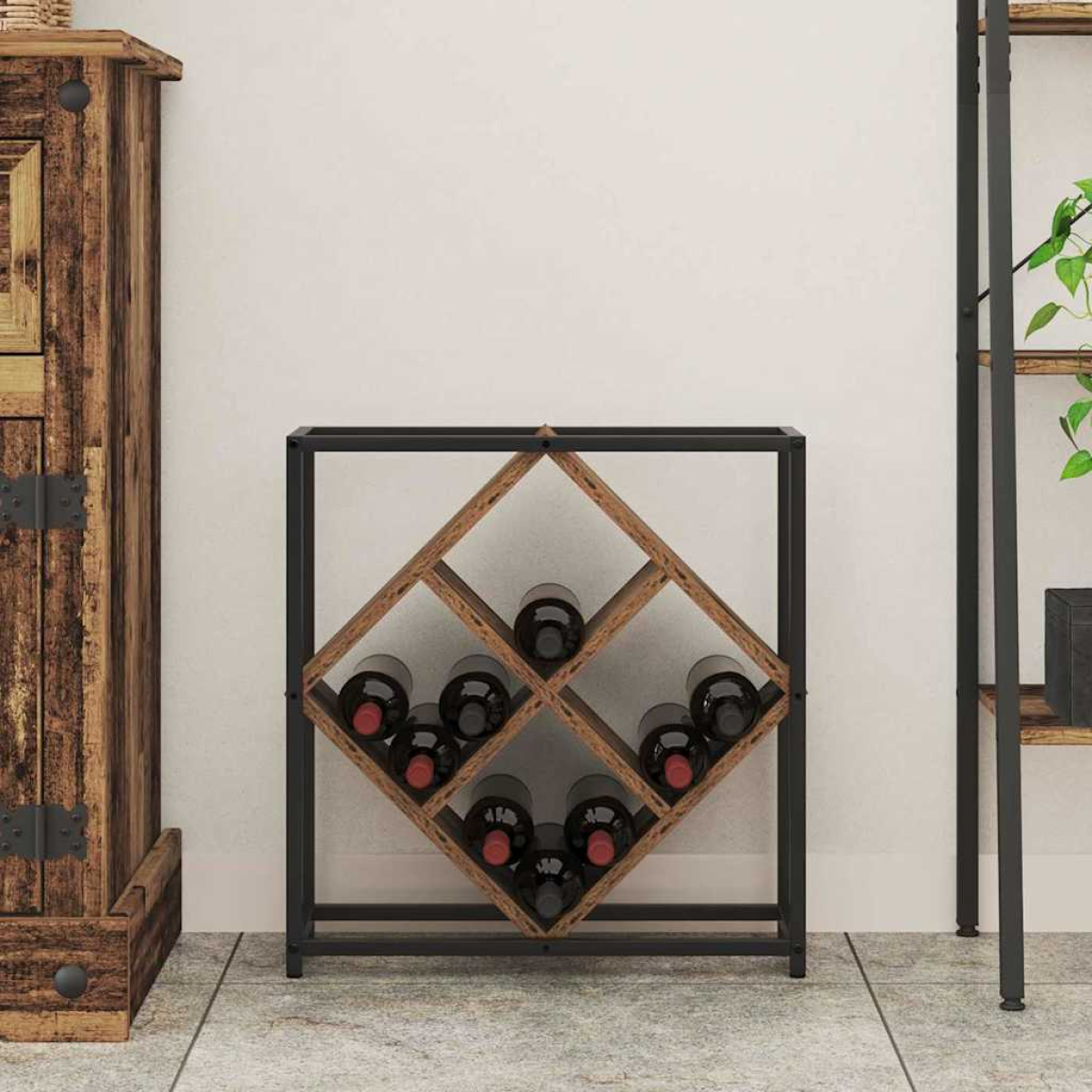 VidaXL Wine Rack 51x18x52.5 cm Black Engineered Wood At Home featuring a black metal frame and wooden diamond compartments for bottles.