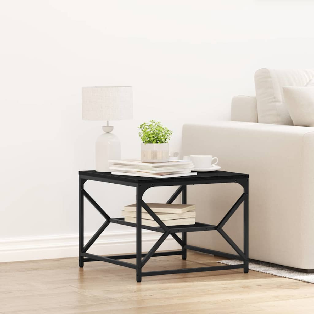 VidaXL Coffee Table 51x50x40 cm Black Oak Modern Lounge with black metal frame and two-tier shelf in a living room.