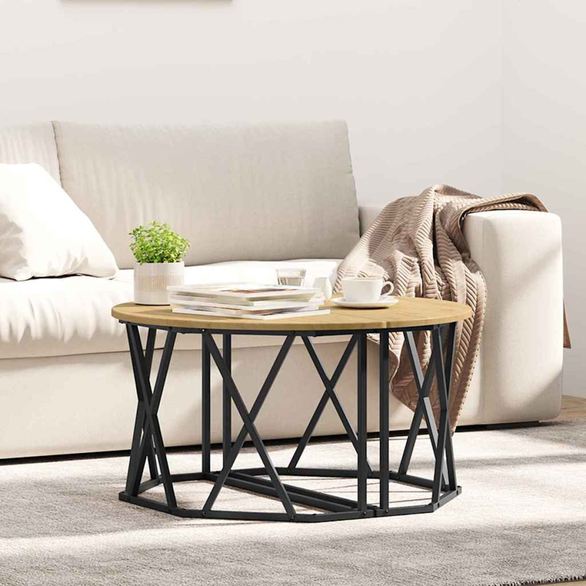 VidaXL Coffee Table 80x80x42 cm Black Oak Matte Living Room — round wood top on black geometric base.