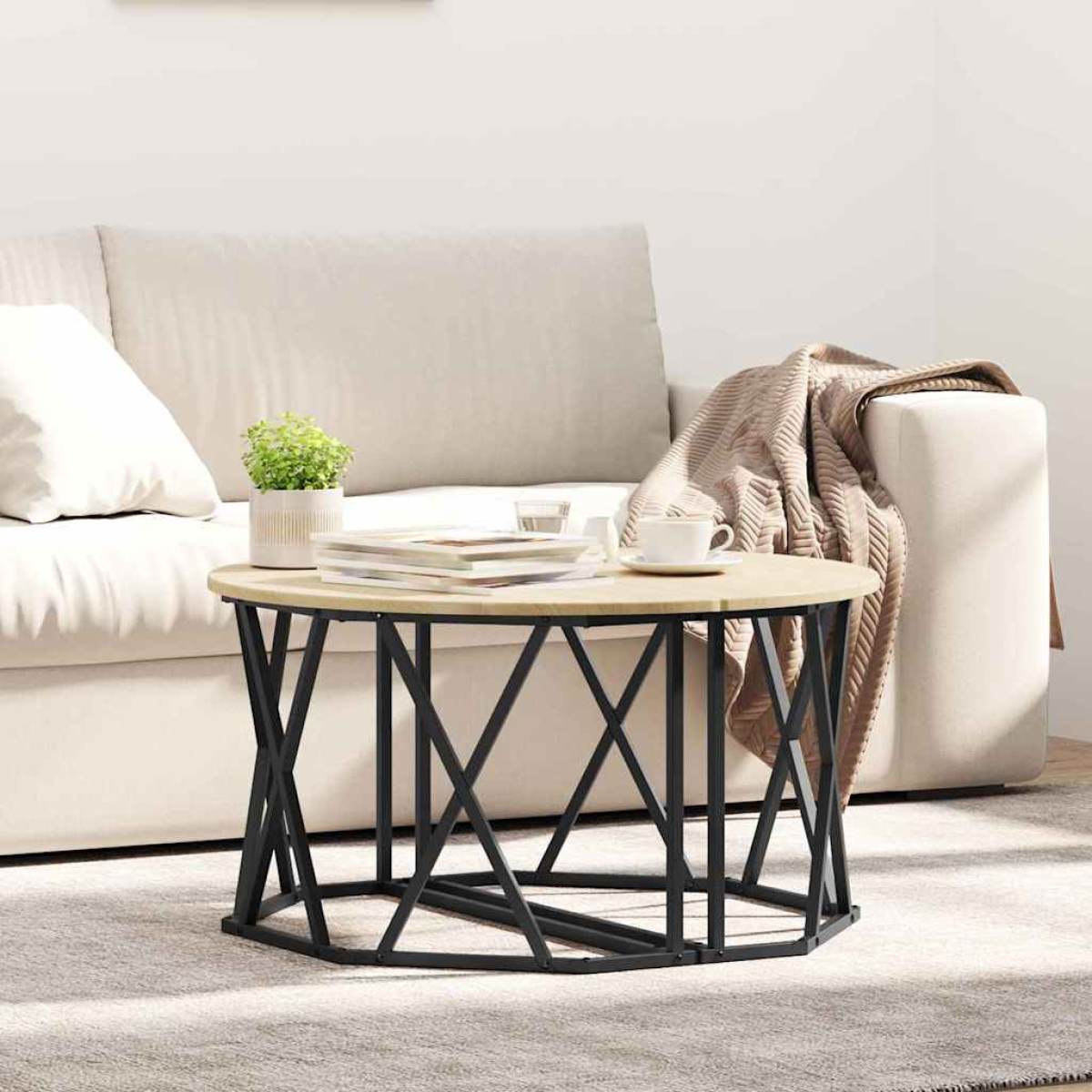 VidaXL Coffee Table 80x80x42 cm Black Oak Matte Living Room, round top on black metal crisscross base.