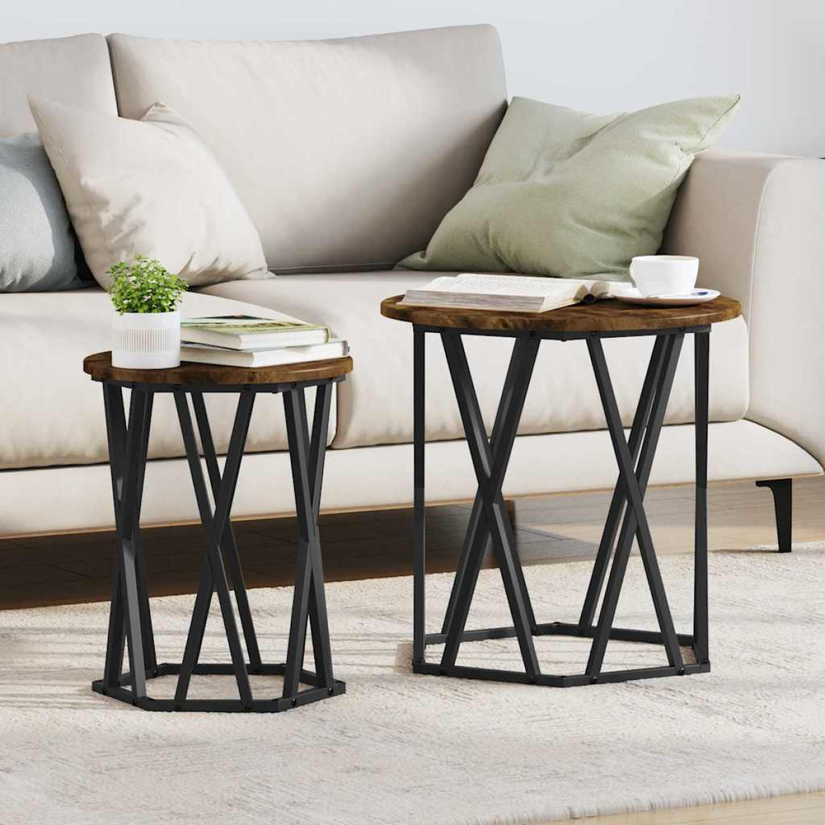 VidaXL Coffee Table Black Oak 50x50x50 cm Two Piece Set: two round nesting tables with black oak top and metal legs.