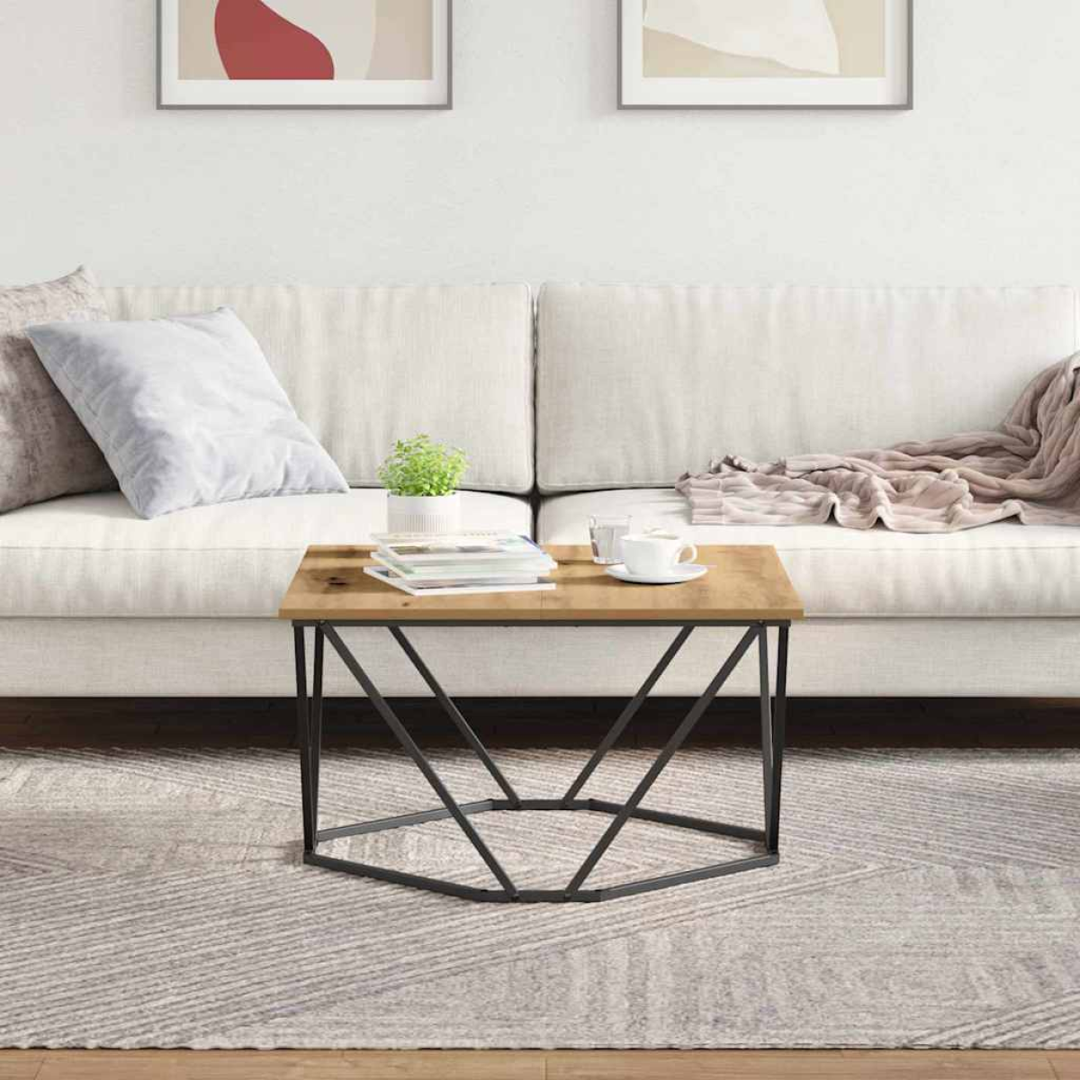 VidaXL Coffee Table 80x80x45 cm Black Oak Living Room: wood top with geometric black metal base in a modern lounge