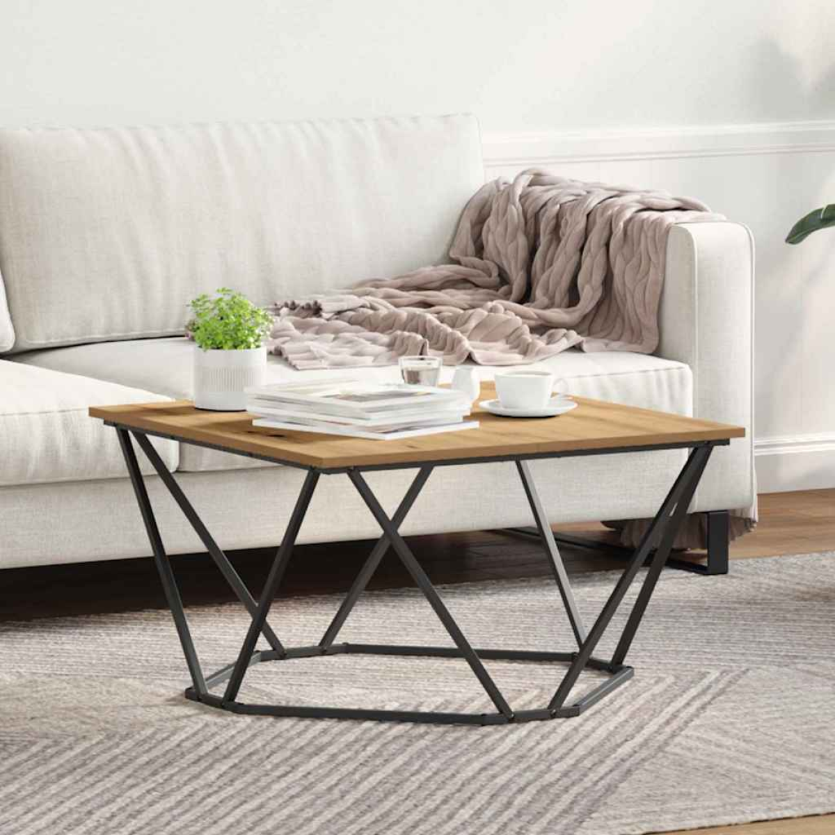 VidaXL Coffee Table 80x80x45 cm Black Oak Living Room with wooden top and black metal base in a modern living room.