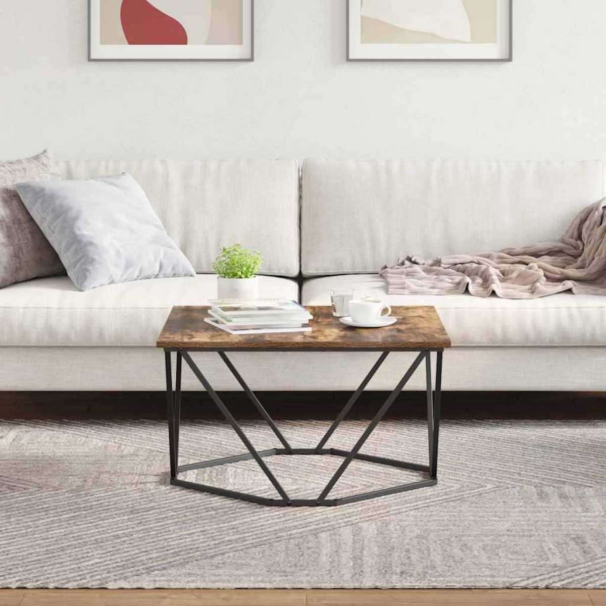 VidaXL Coffee Table 80x80x45 cm Black Oak Living Room in a contemporary living room with a wooden top and metal frame.