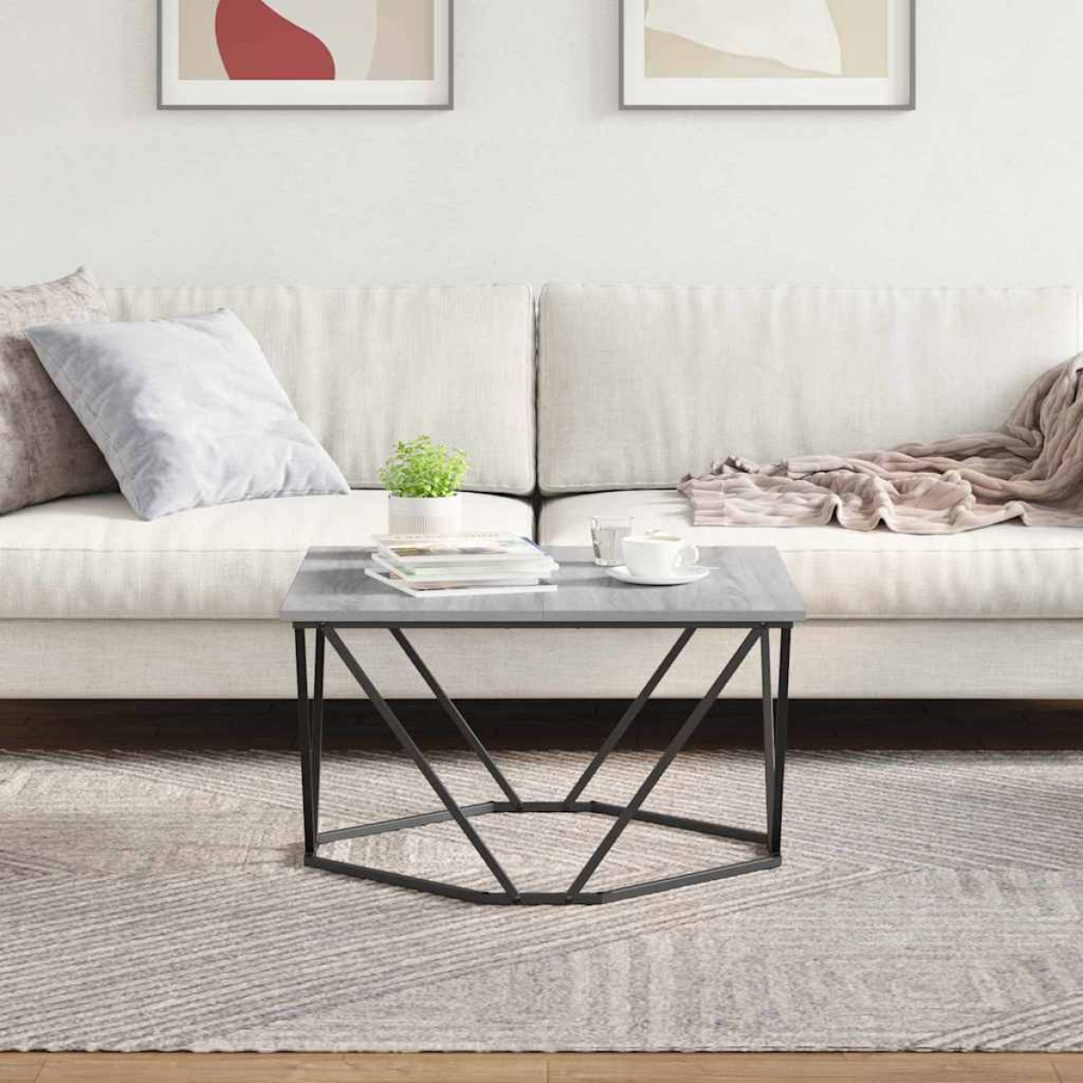 VidaXL Coffee Table 80x80x45 cm Black Oak Living Room, modern square table with gray top and black metal base.