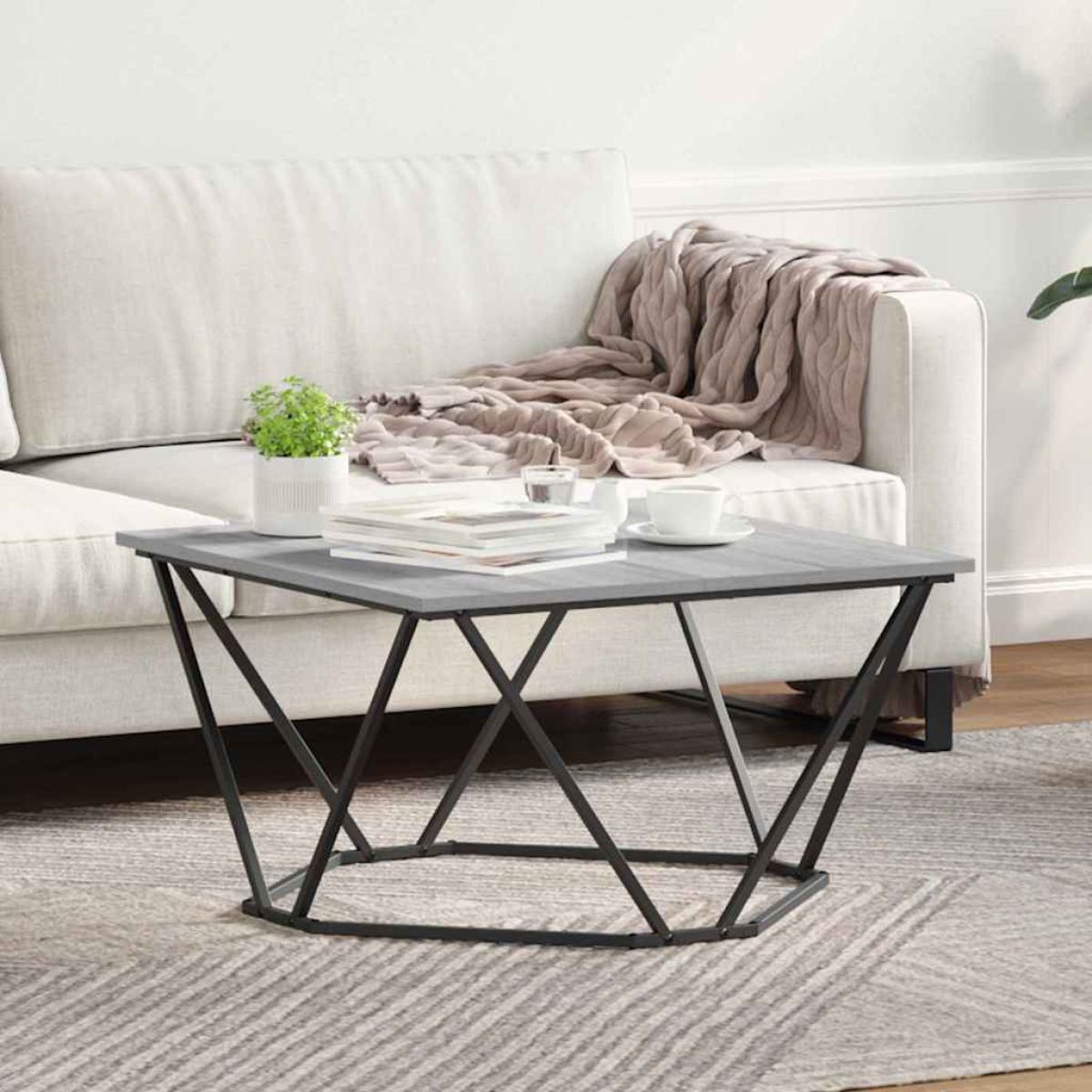 VidaXL Coffee Table 80x80x45 cm Black Oak Living Room - modern square coffee table with a metal X-frame base.