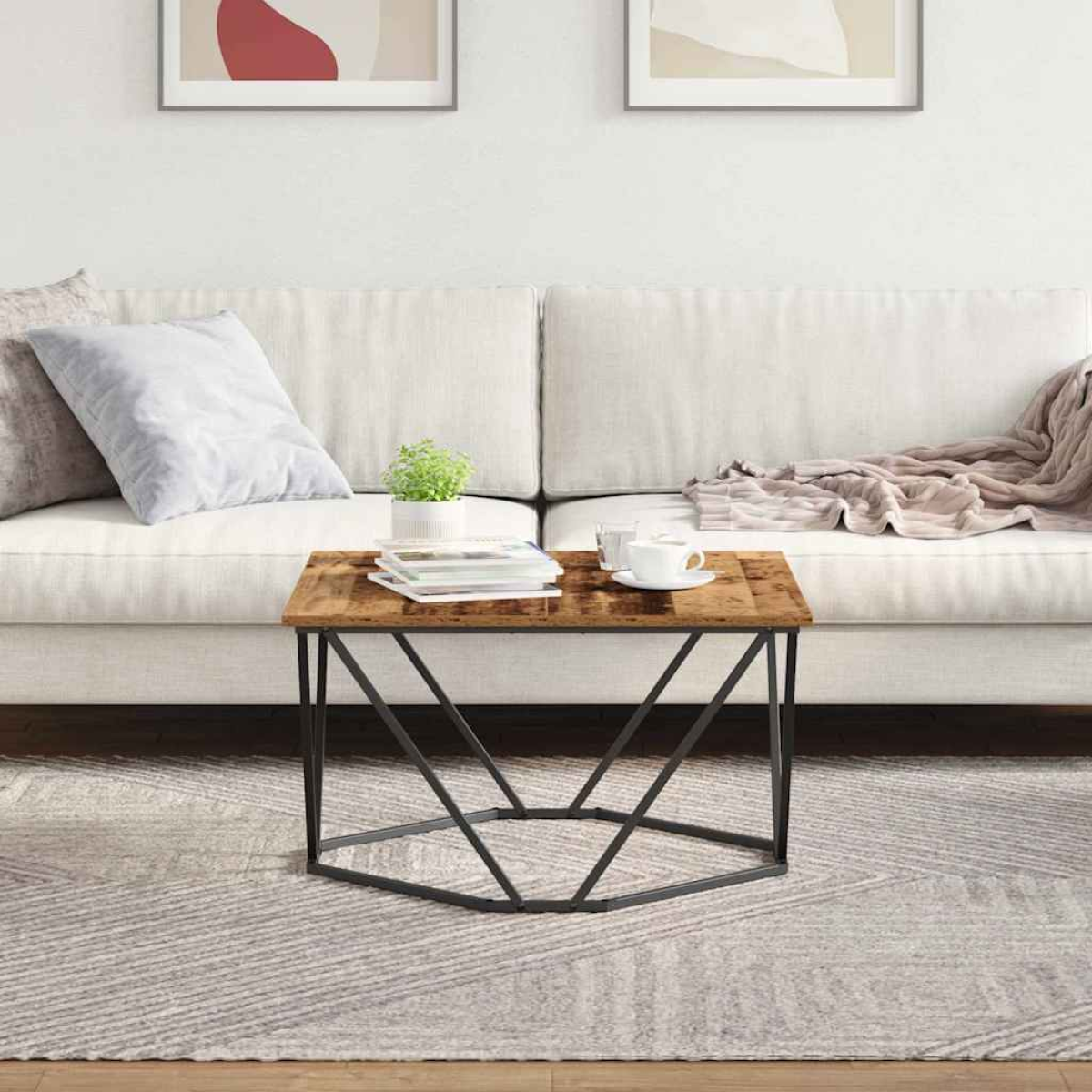 VidaXL Coffee Table 80x80x45 cm Black Oak Living Room with wooden top and black metal base in a modern living room.