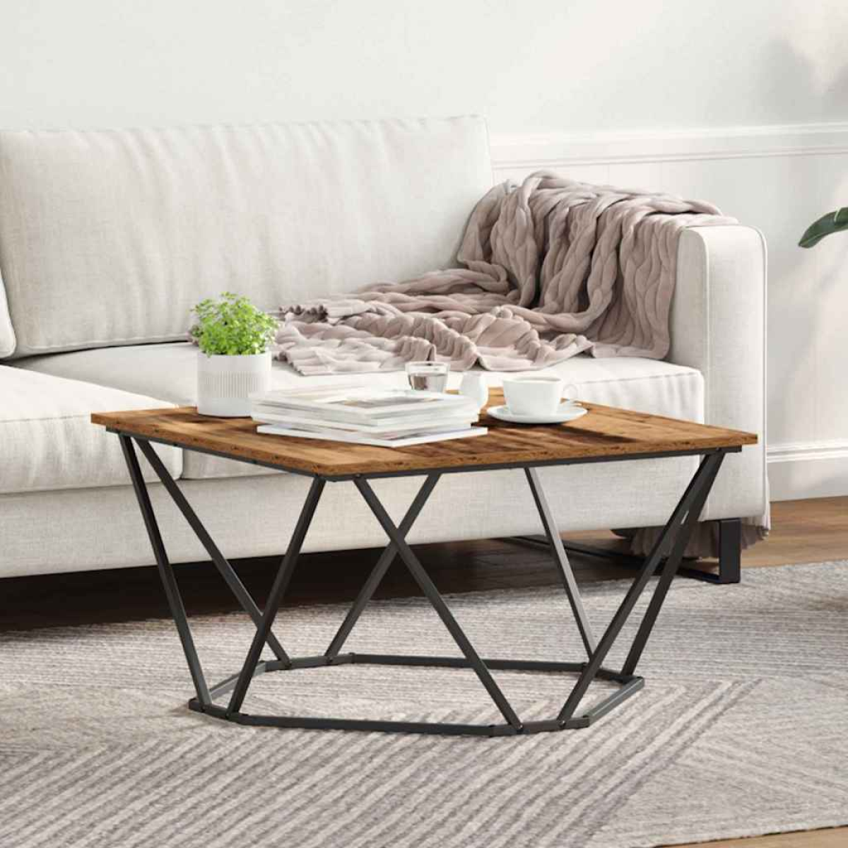 VidaXL Coffee Table 80x80x45 cm Black Oak Living Room with wooden top and black metal X-frame base in a modern lounge.