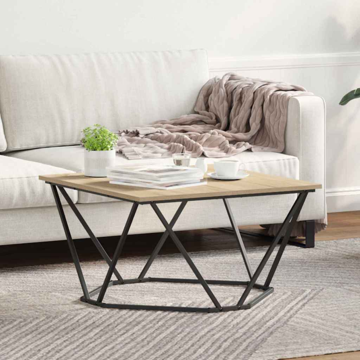 VidaXL Coffee Table 80x80x45 cm Black Oak Living Room with a light wood top and black metal crisscross legs.