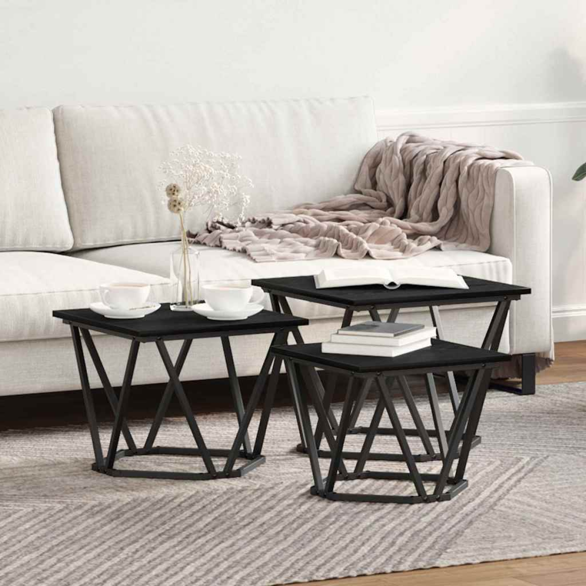 VidaXL Coffee Tables 50 x 50 x 40 cm Black Oak Set of 3: three square tables with black steel bases in a living room.