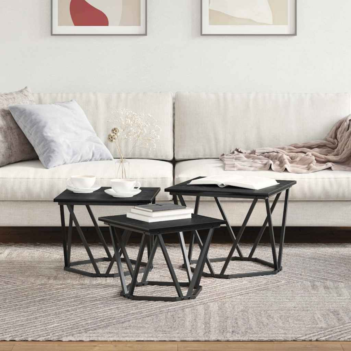 VidaXL Coffee Tables 50 x 50 x 40 cm Black Oak Set of 3 modern living room with black metal bases and oak tops.