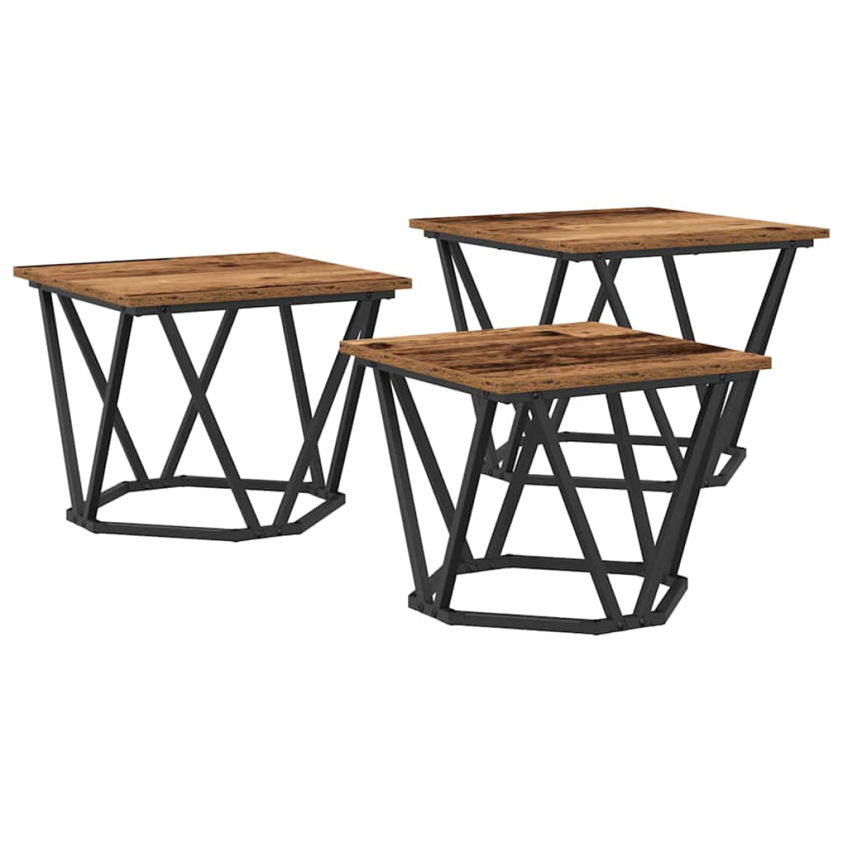 VidaXL Coffee Tables 50 x 50 x 40 cm Black Oak Set of 3 – three oak-top tables with black metal bases.