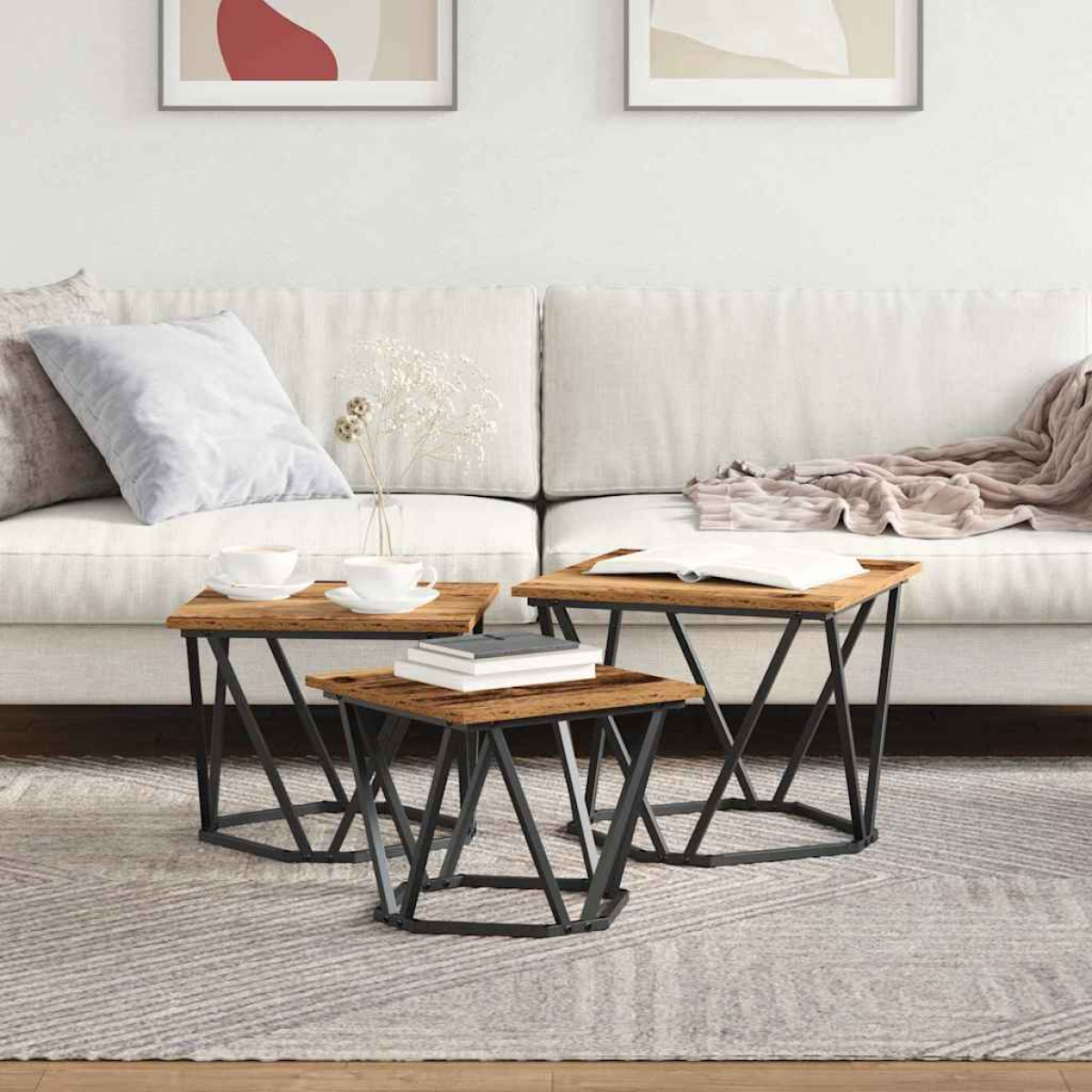 VidaXL Coffee Tables 50 x 50 x 40 cm Black Oak Set of 3 in a modern living room.