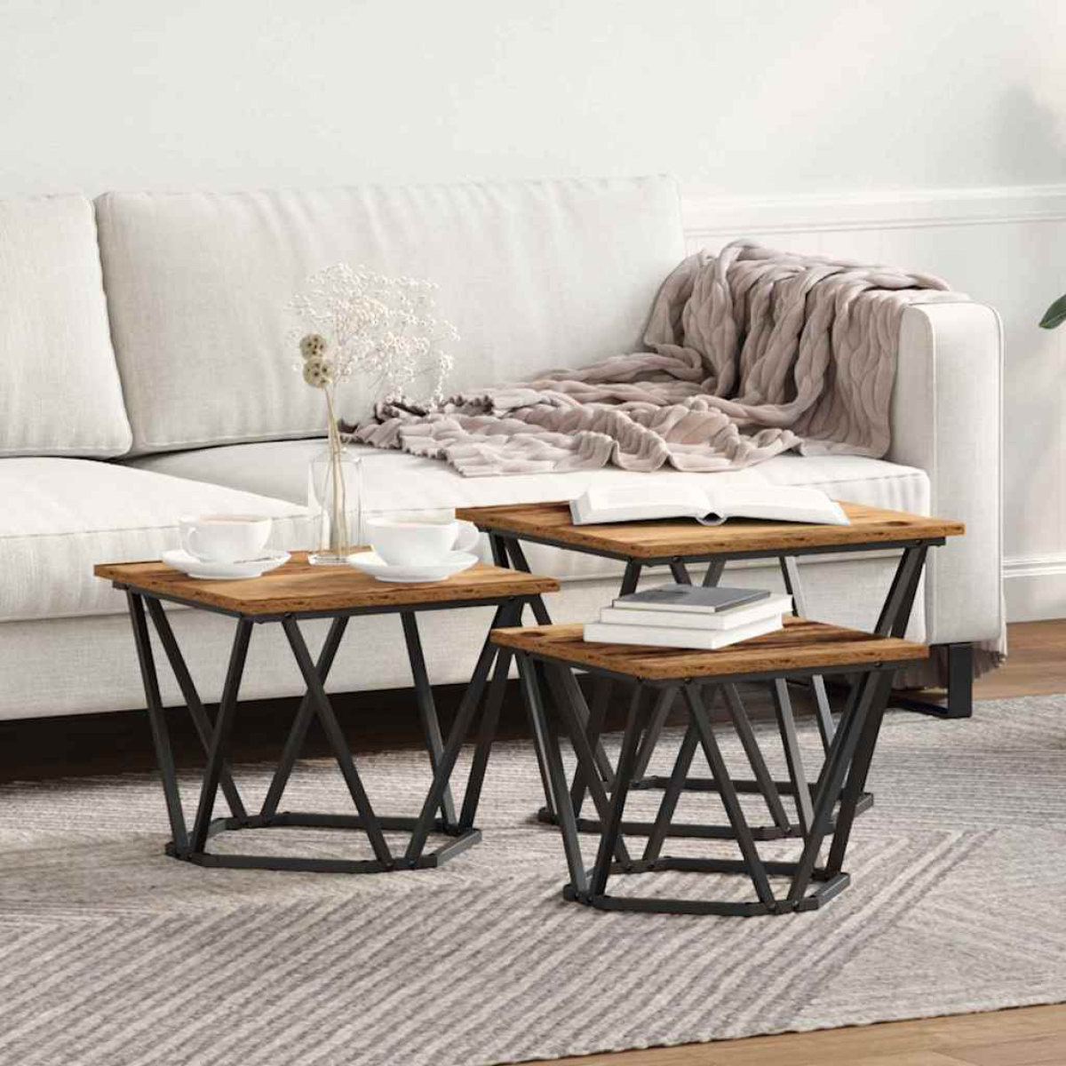 VidaXL Coffee Tables 50 x 50 x 40 cm Black Oak Set of 3 with oak tops and black steel bases in a modern living room.