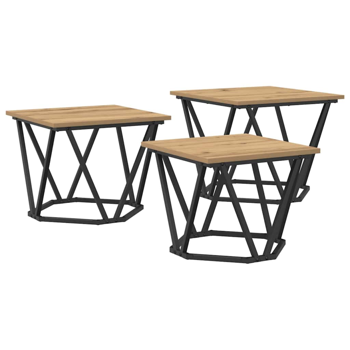 VidaXL Coffee Tables 50 x 50 x 40 cm Black Oak Set of 3 with oak tops and black metal bases.