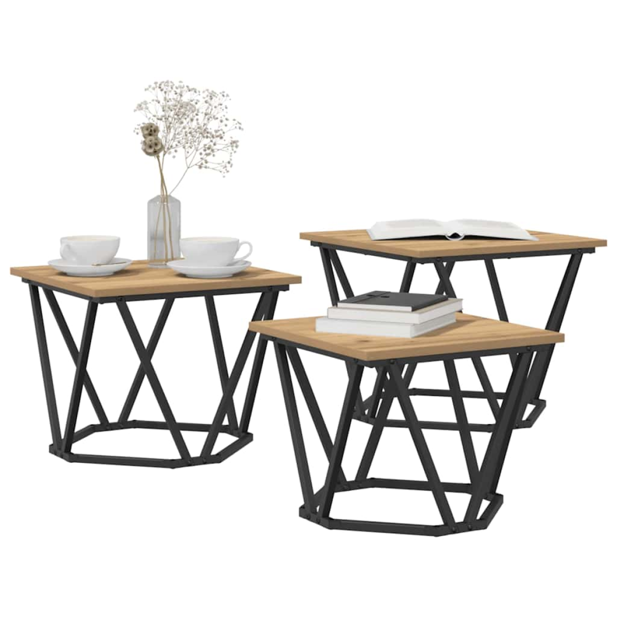 VidaXL Coffee Tables 50 x 50 x 40 cm Black Oak Set of 3 with oak tops and black metal bases.