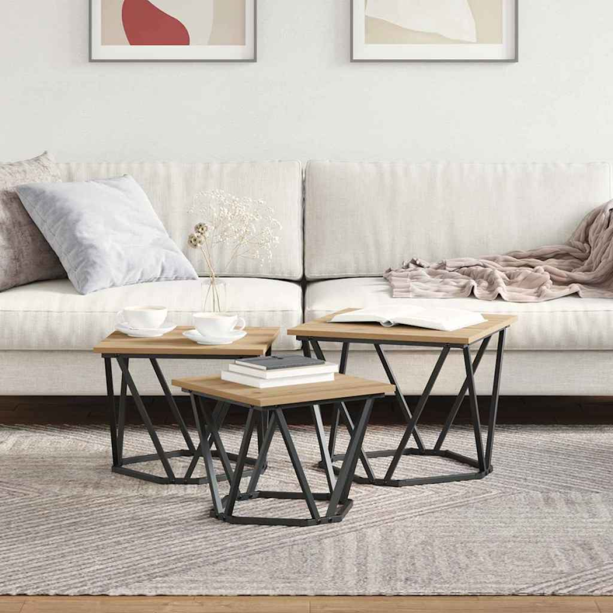 VidaXL Coffee Tables 50 x 50 x 40 cm Black Oak Set of 3 nesting tables with oak tops and black frames in living room