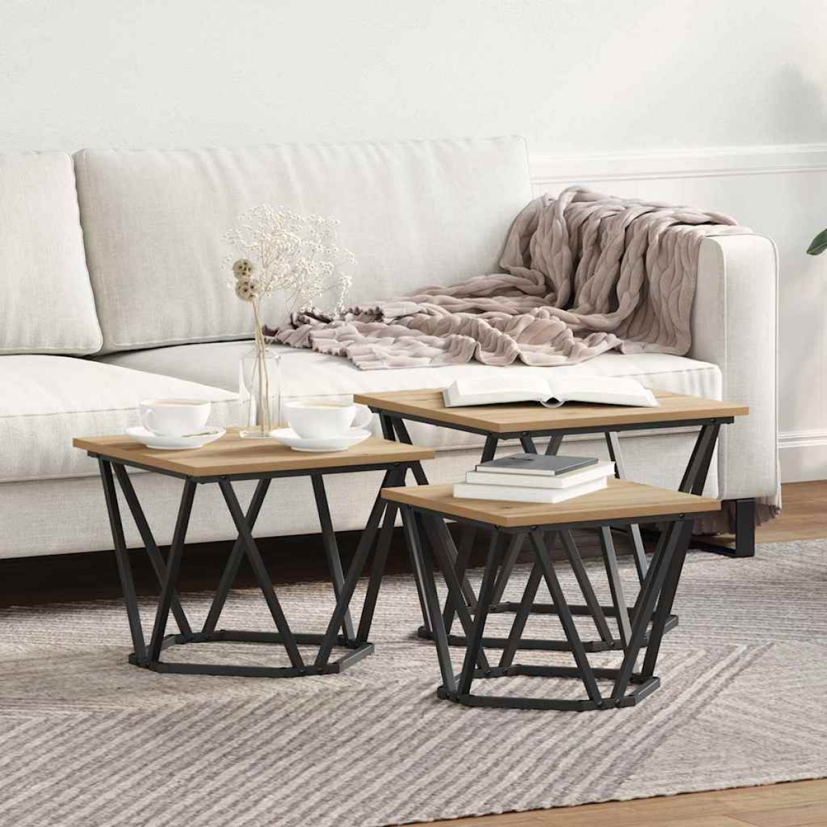 VidaXL Coffee Tables 50 x 50 x 40 cm Black Oak Set of 3 in a living room with oak tops and black steel bases.