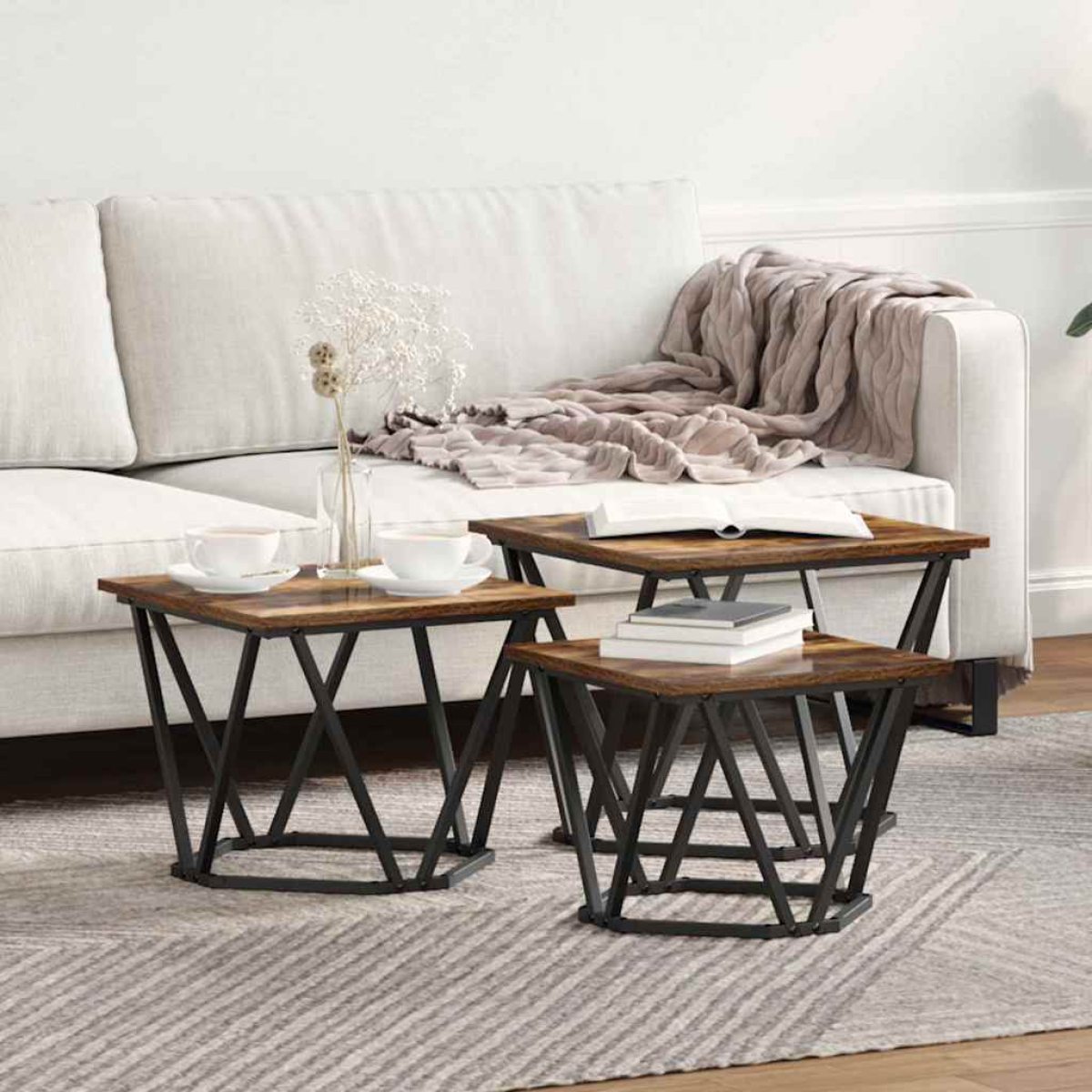 VidaXL Coffee Tables 50 x 50 x 40 cm Black Oak Set of 3, three square tables with oak tops and black metal bases in a white living room.