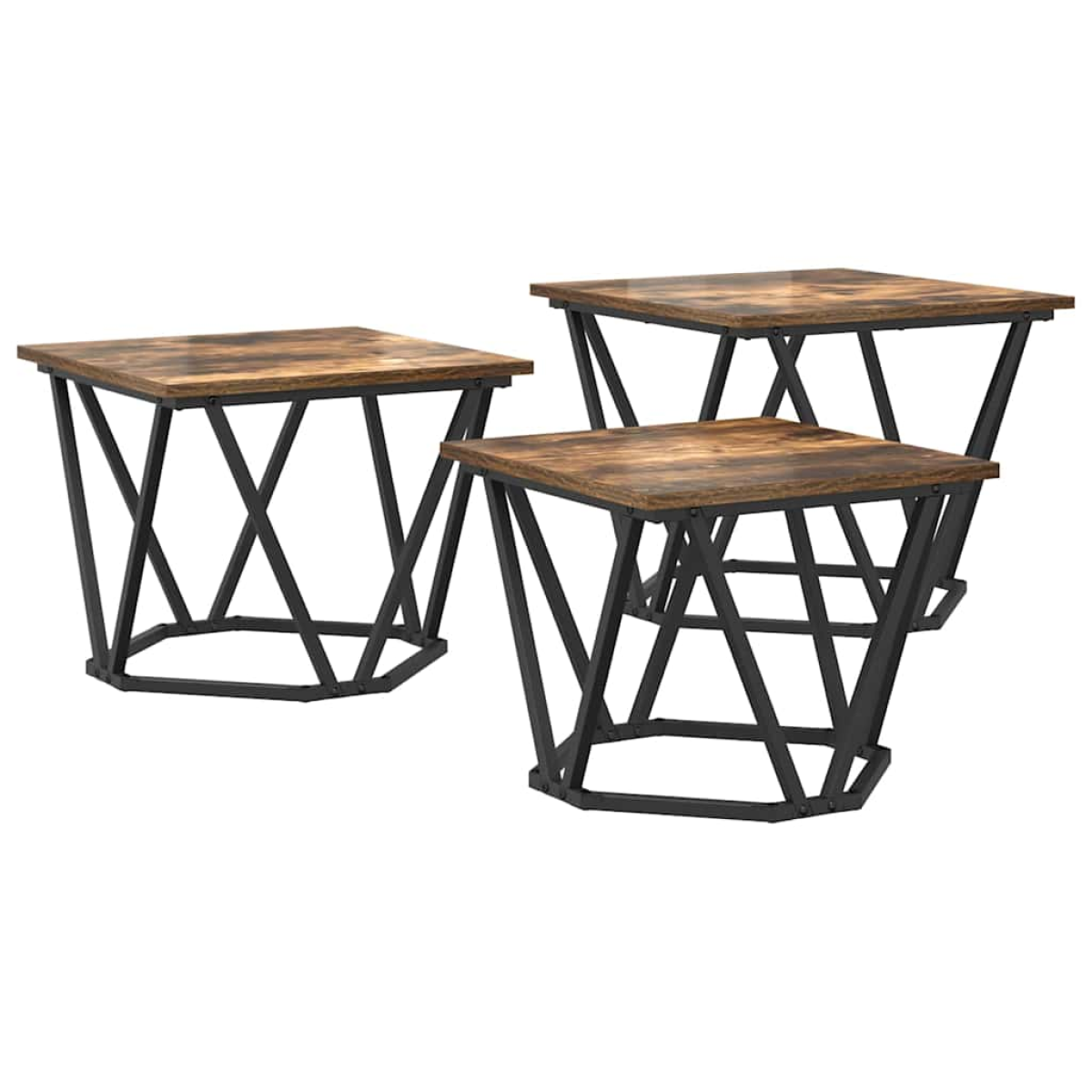 VidaXL Coffee Tables 50 x 50 x 40 cm Black Oak Set of 3 with oak tops and black metal bases.