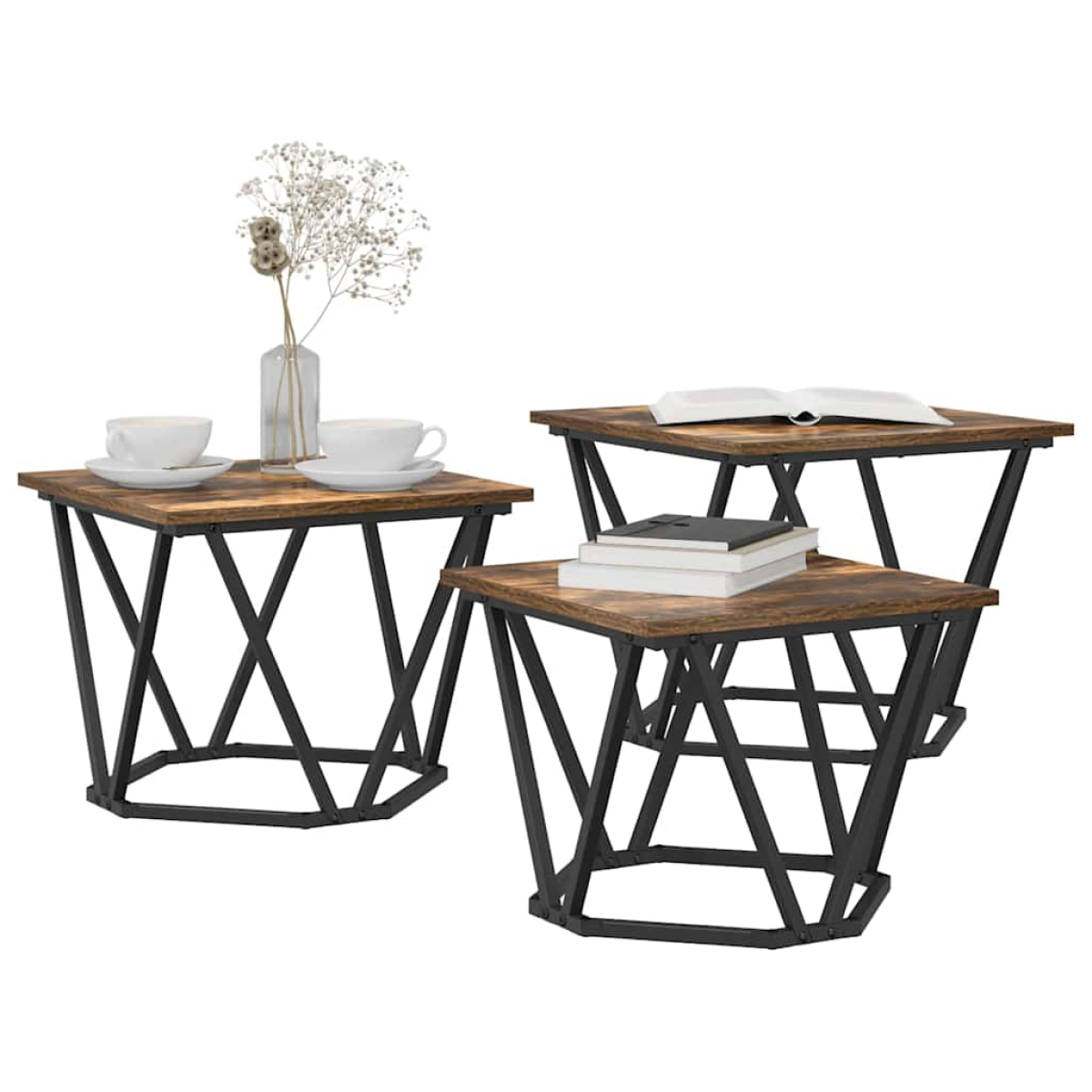 VidaXL Coffee Tables 50 x 50 x 40 cm Black Oak Set of 3 – oak tops with black metal bases, three square tables