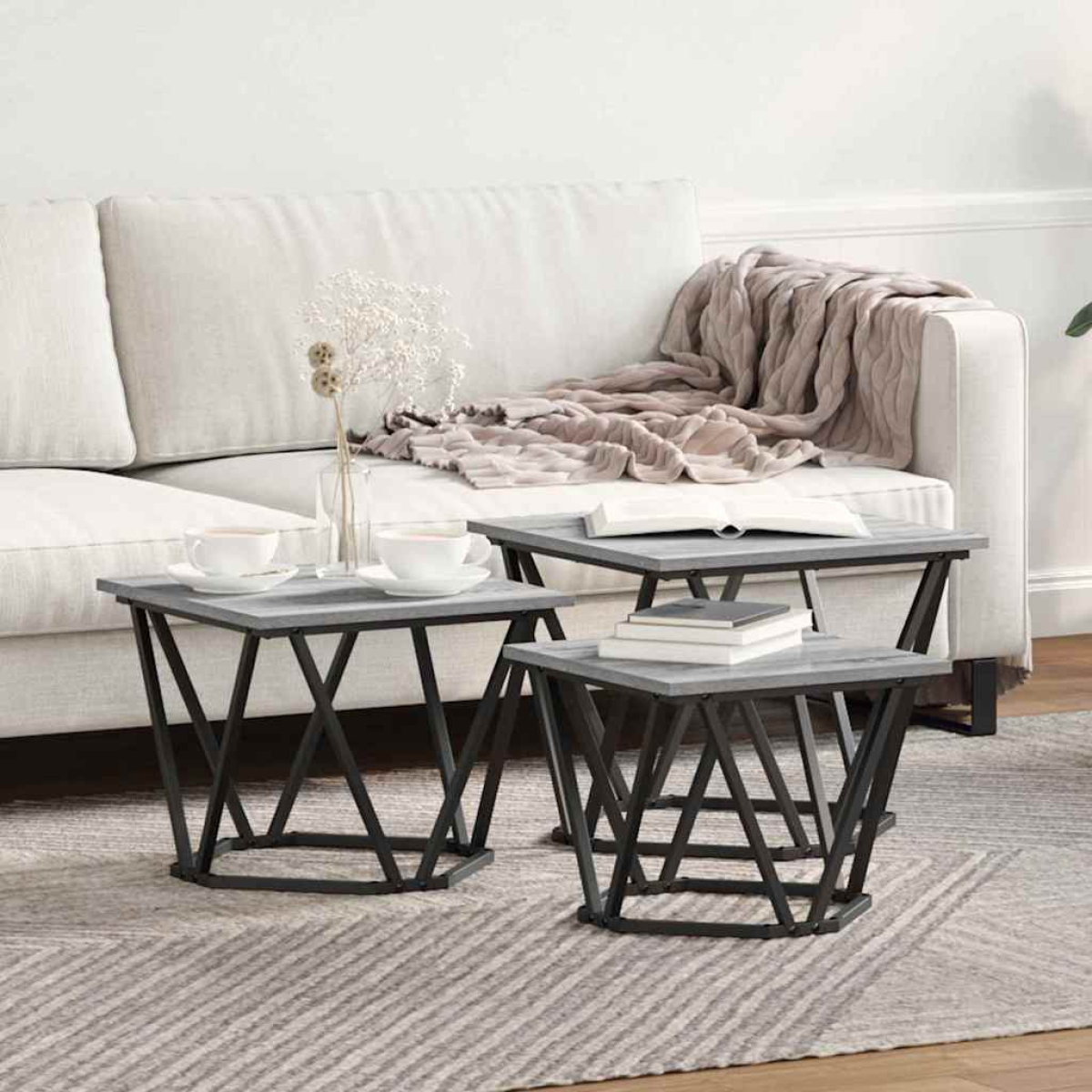VidaXL Coffee Tables 50 x 50 x 40 cm Black Oak Set of 3 in a modern living room with black metal bases.