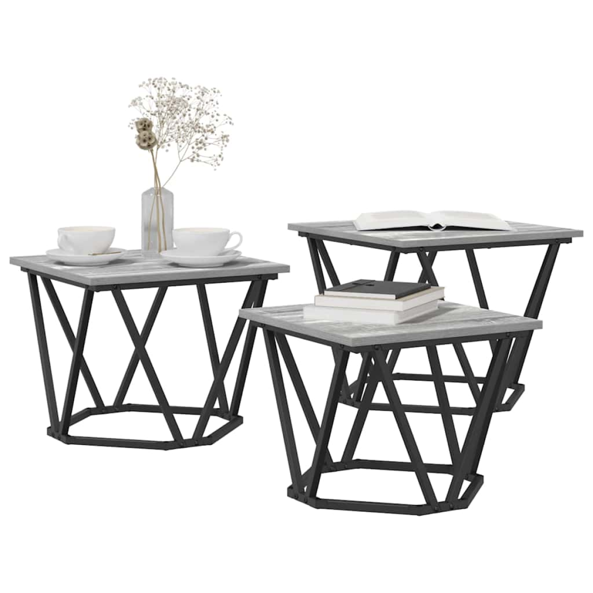 VidaXL Coffee Tables 50 x 50 x 40 cm Black Oak Set of 3: three square oak-top tables with black metal bases.