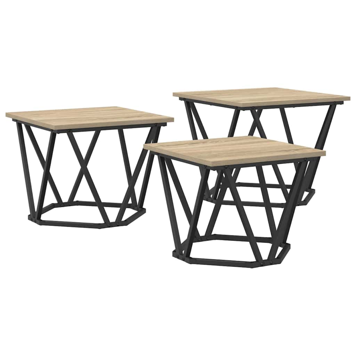 VidaXL Coffee Tables 50 x 50 x 40 cm Black Oak Set of 3 - three oak-top tables with black steel bases.