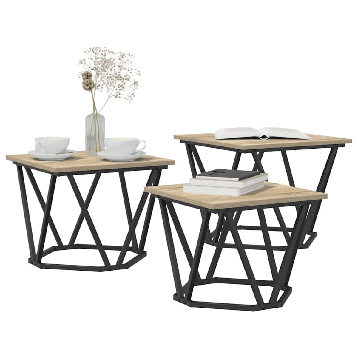 VidaXL Coffee Tables 50 x 50 x 40 cm Black Oak Set of 3 with oak tops and black steel bases.