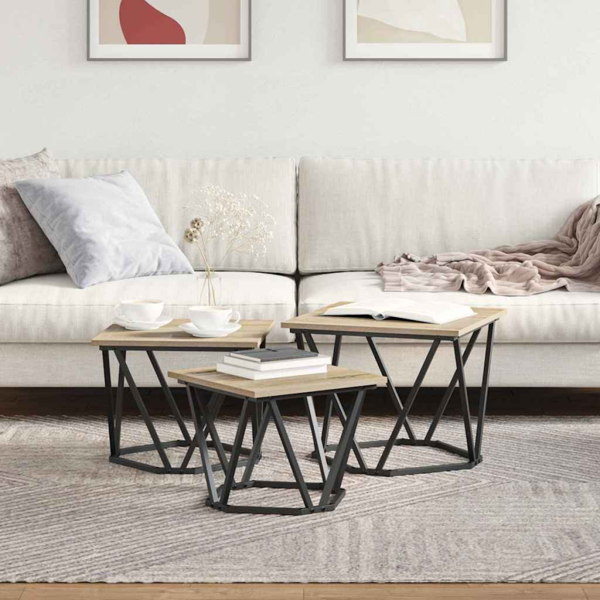 VidaXL Coffee Tables 50 x 50 x 40 cm Black Oak Set of 3 in a modern living room with beige sofa and black metal bases.