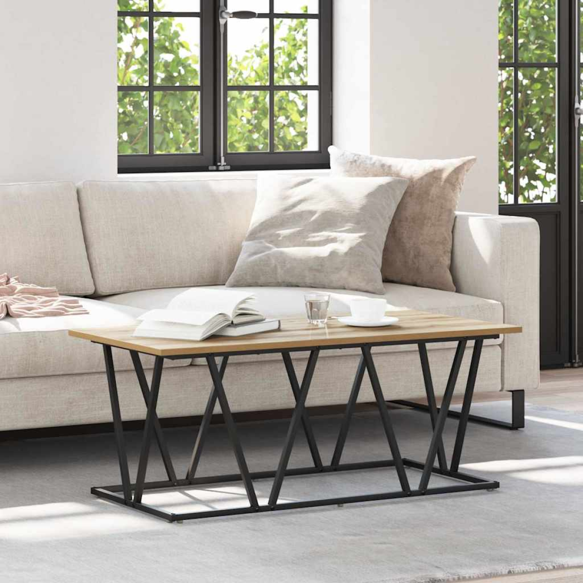 VidaXL Coffee Table 100 x 50 x 40 cm Black Oak Living with warm oak top and black metal criss-cross legs.
