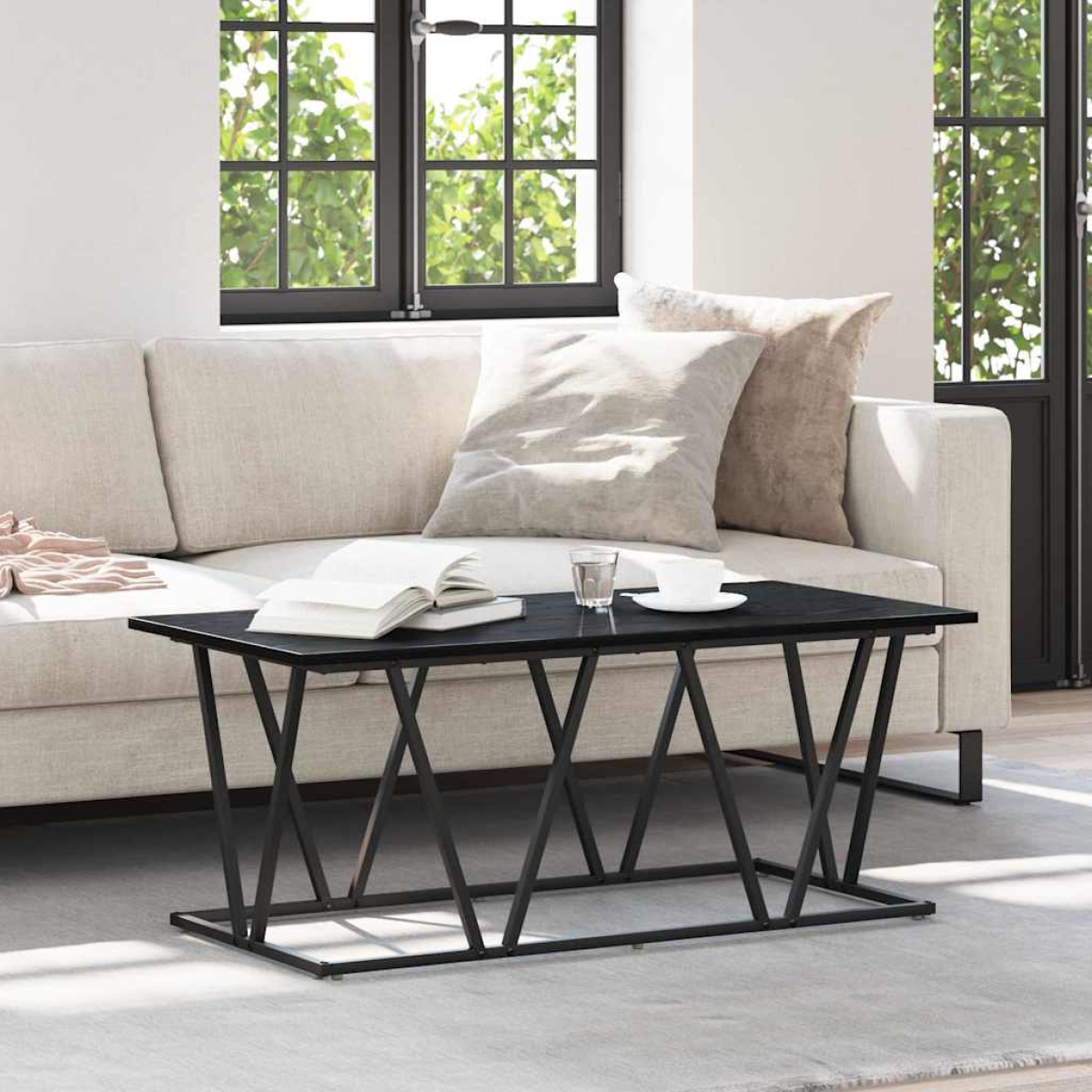 VidaXL Coffee Table 100 x 50 x 40 cm Black Oak Living with warm oak top resting on a black metal crisscross frame.