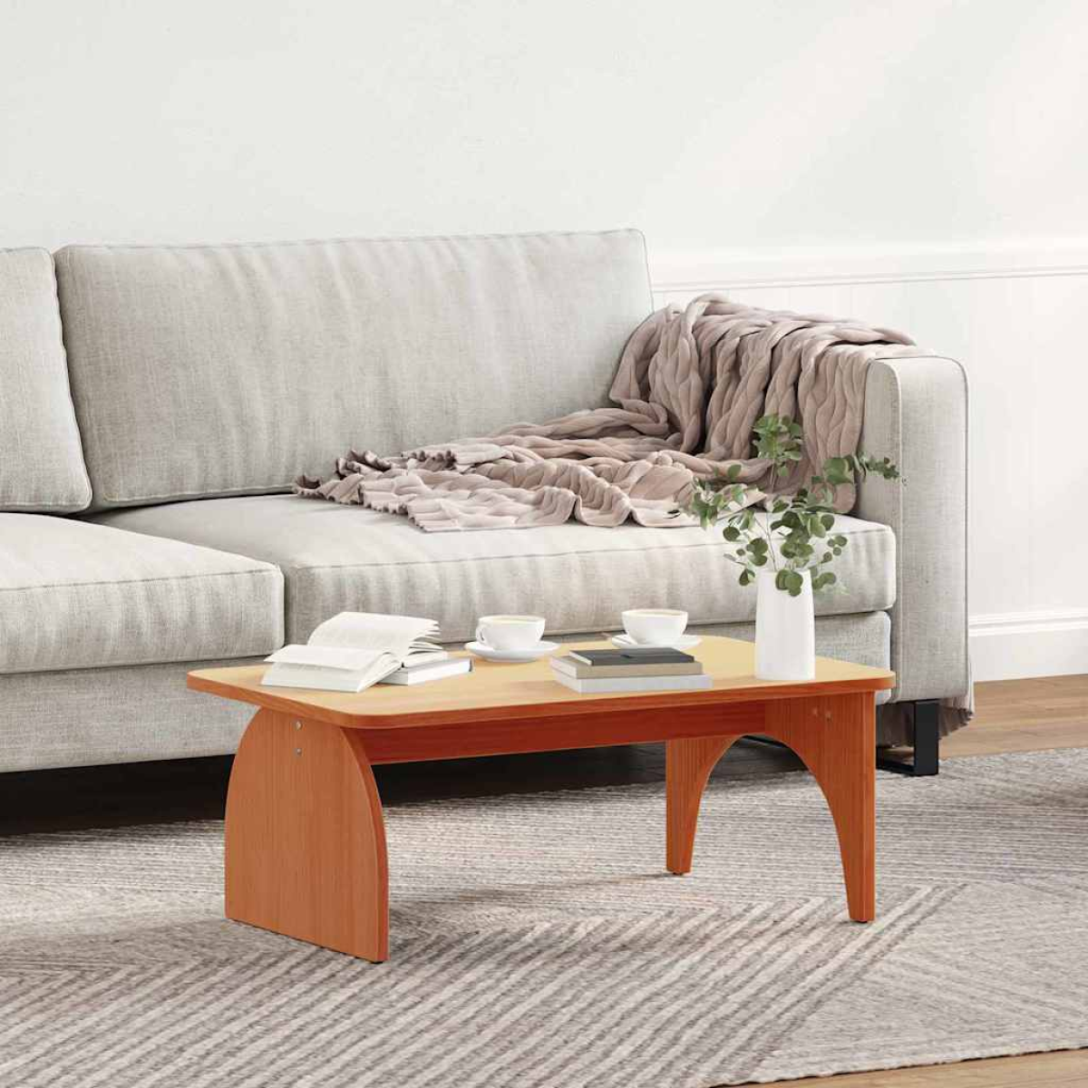 VidaXL Coffee Table 80 x 50 x 31 cm Natural Pine Living Room in a cozy modern lounge with a light gray sofa.