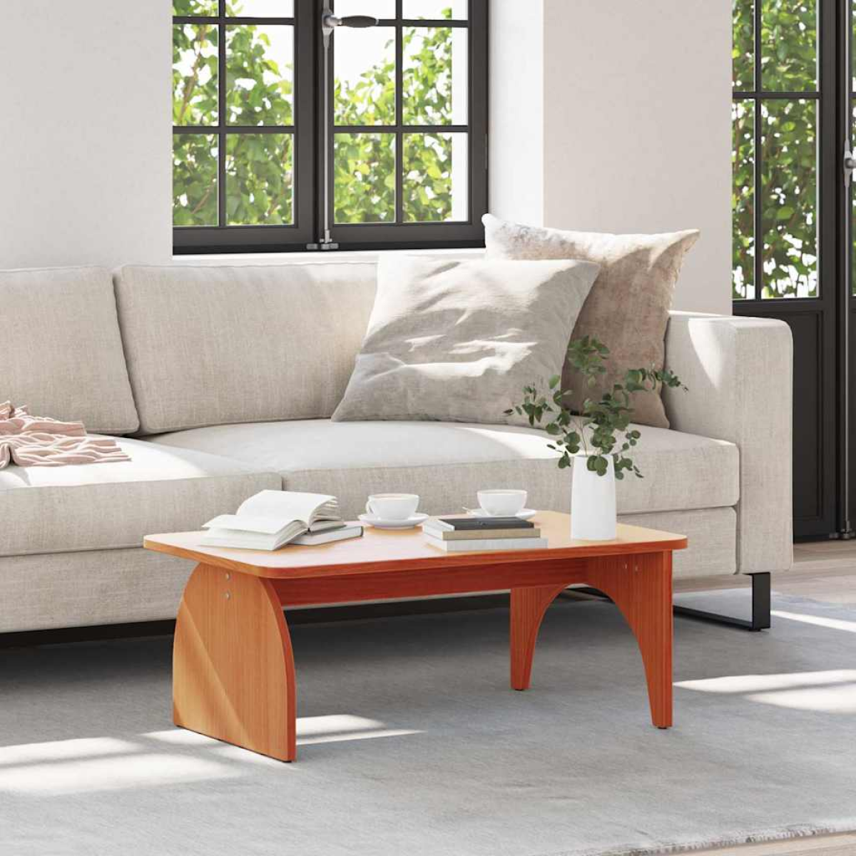 VidaXL Coffee Table 80 x 50 x 31 cm Natural Pine Living Room sits in a bright living room with a beige sofa.