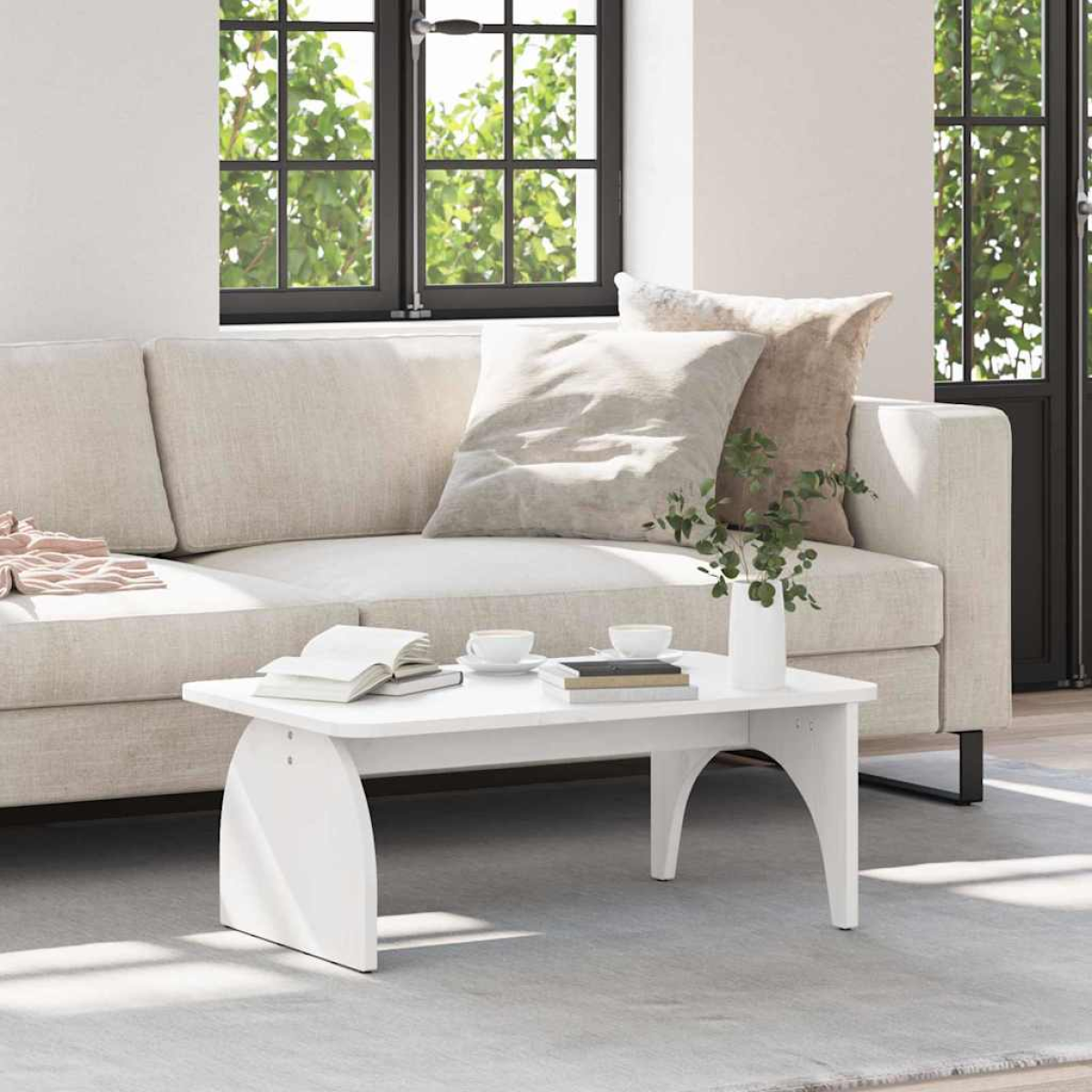 VidaXL Coffee Table 80 x 50 x 31 cm Natural Pine Living Room in a bright lounge with beige sofa and greenery.