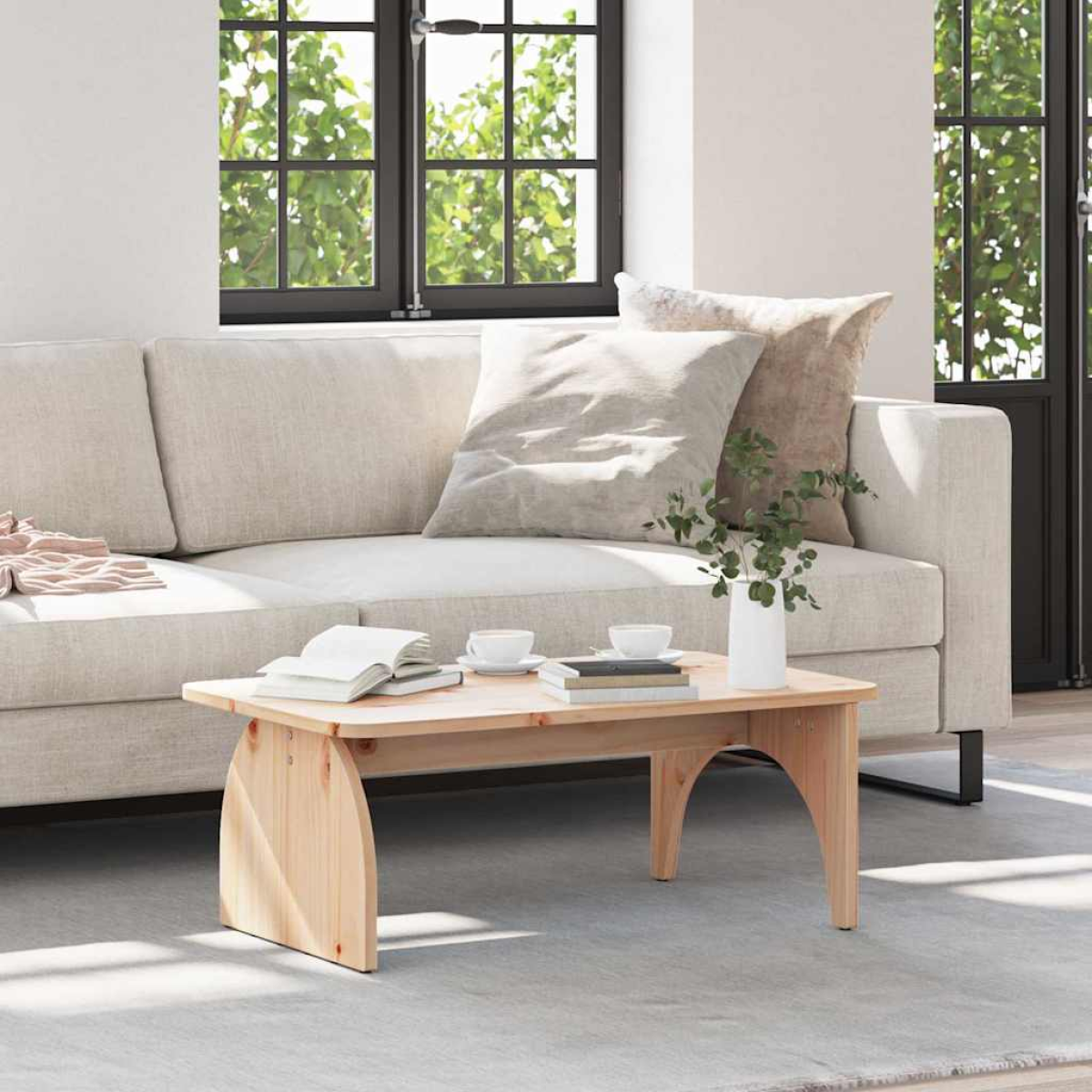 VidaXL Coffee Table 80 x 50 x 31 cm Natural Pine Living Room in a bright, modern living space.