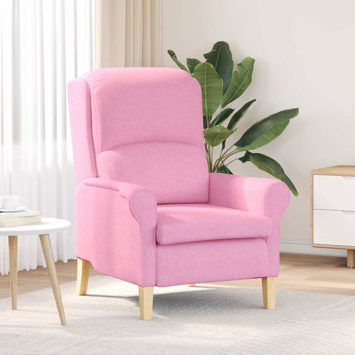 VidaXL armchair, 76x94x102 cm, pink fabric with tall back and rounded arms in a bright living room.
