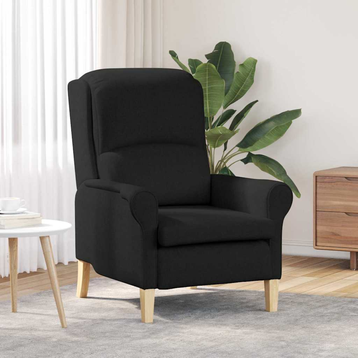 VidaXL armchair 76x94x102 cm, black fabric with tall back and wooden legs in a modern living room.