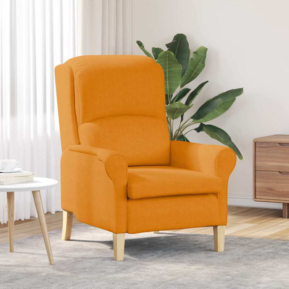 VidaXL armchair in orange fabric, 76x94x102 cm, tall back, soft cushions, rounded arms in a modern living room.