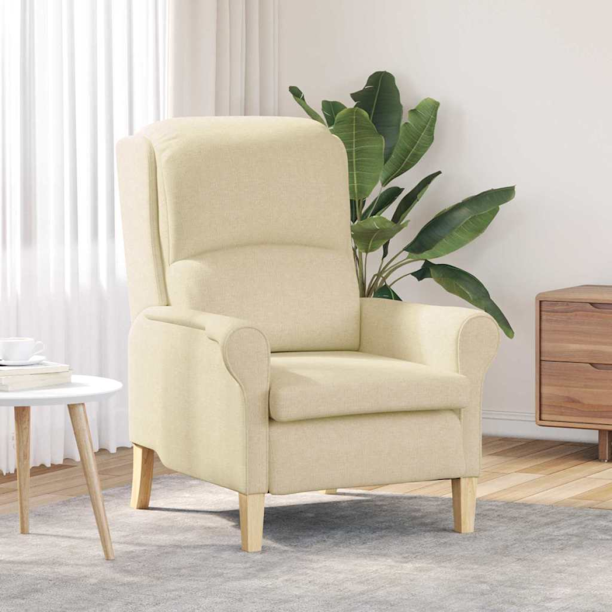 VidaXL armchair, 76x94x102 cm, light grey fabric, tall back and rounded arms in a modern living room.
