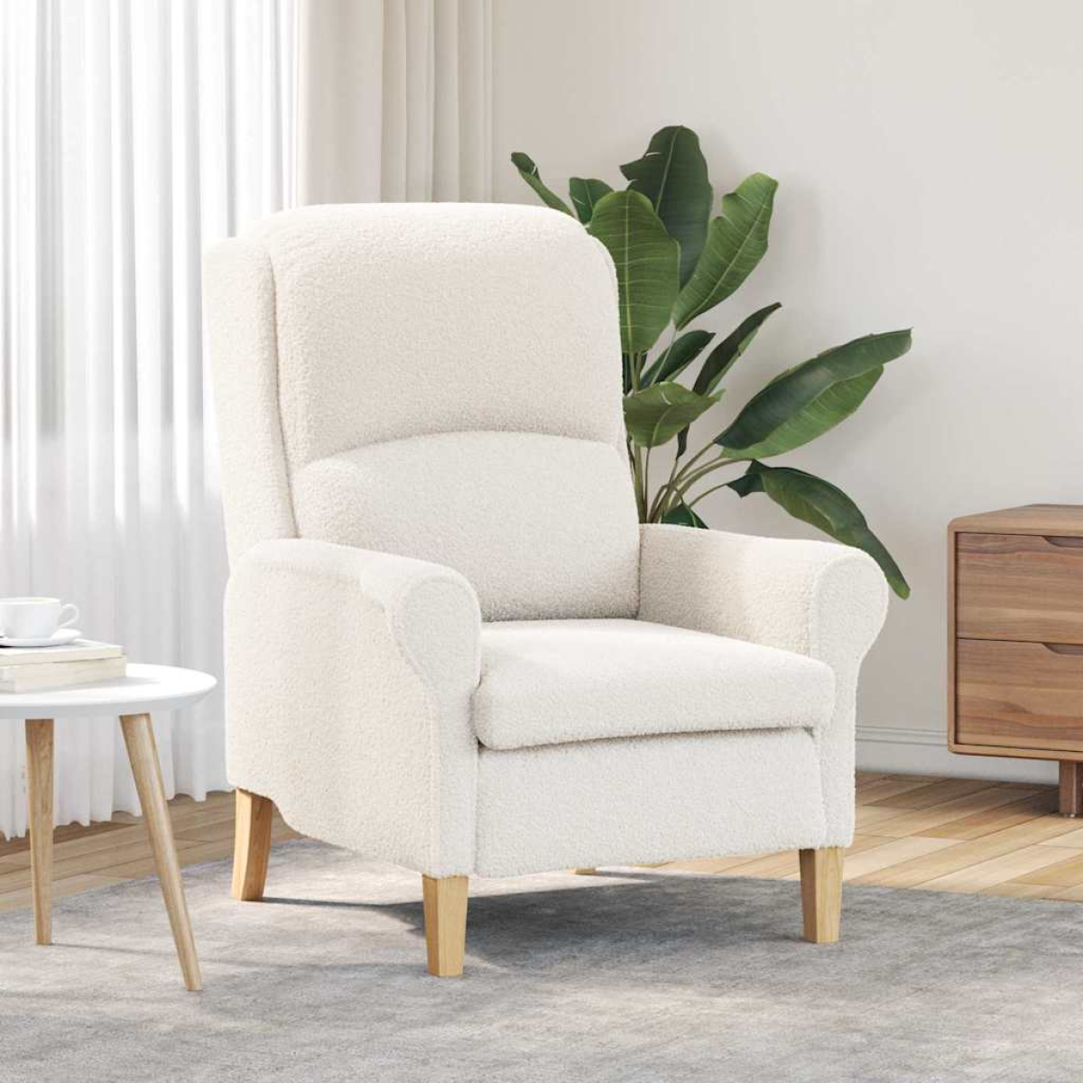 VidaXL Armchair 76 x 94 x 102 cm in cream textured fabric with light wood legs in a modern living room.