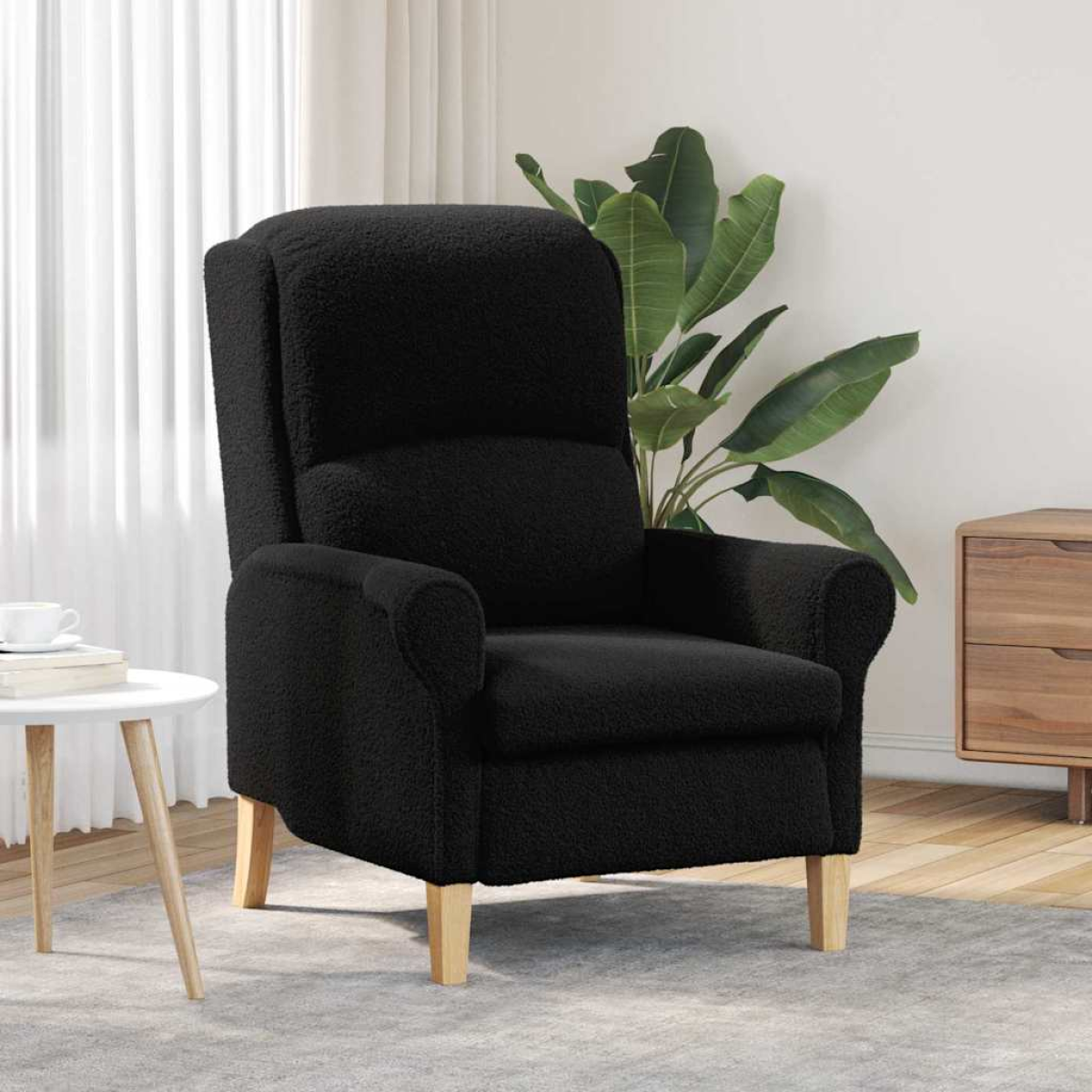 VidaXL armchair 76x94x102 cm in black textured fabric with light wood legs in a modern living room.
